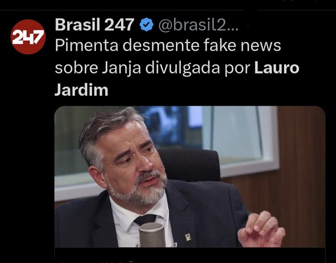 O ministro <a href="/Pimenta13Br/">Paulo Pimenta</a> desmente fake news sobre Janja da Globo divulgada por Lauro Jardim.

"É uma grande mentira, covarde, para atacar alguém que não fez o que lhe acusaram".
Fake News é crime.

Todos sabem que horda Lava Jatista e Bolsonarista se alimentam das mentiras, das