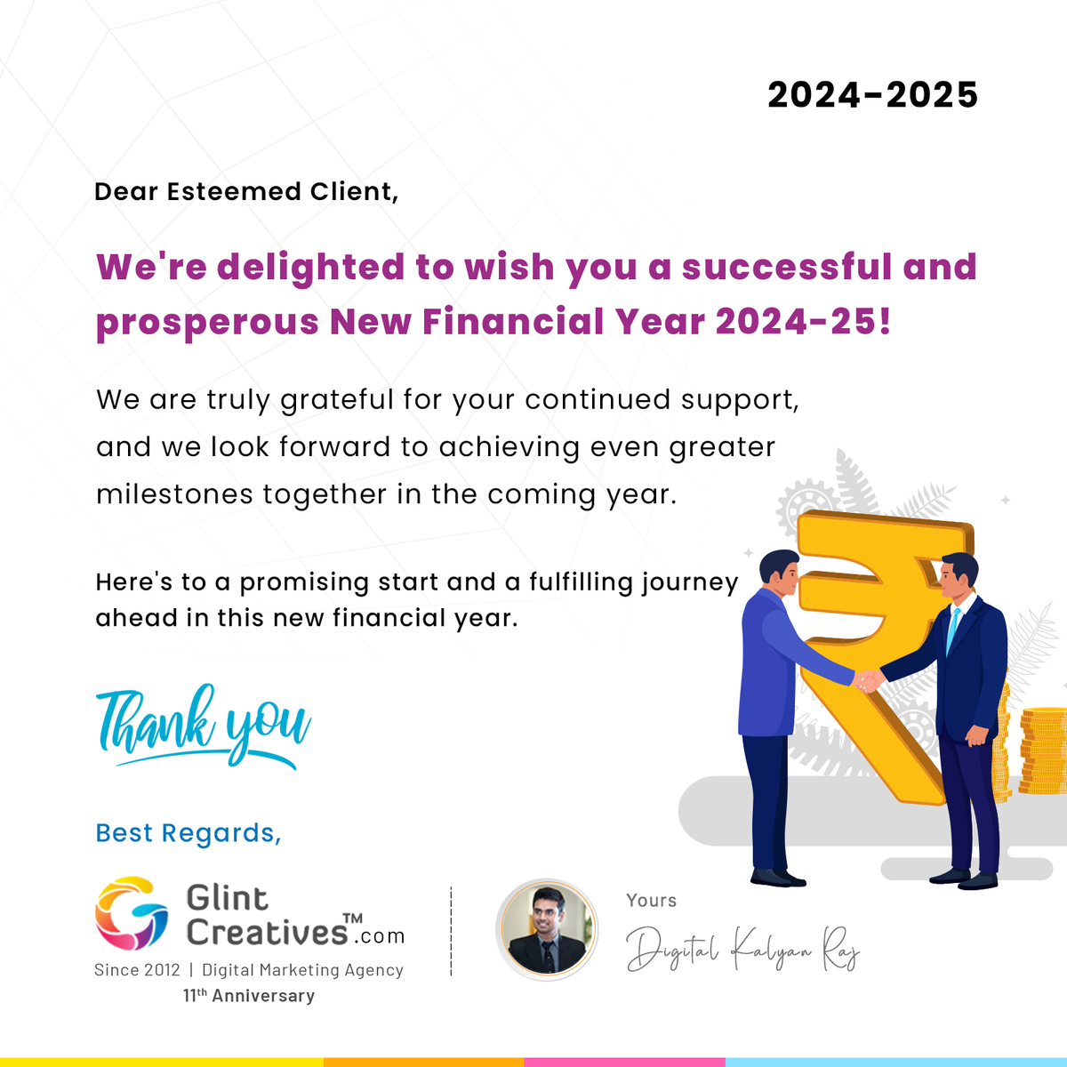 Happy New Financial Year 2024-25

glintcreatives.com

#GlintCreatives #financialyear #annualresult #growth #profit #endingfinancialyear #FinancialYear2024 #Financial #webdesign #webdevelopment #hyderabad #chennai #vijayawada