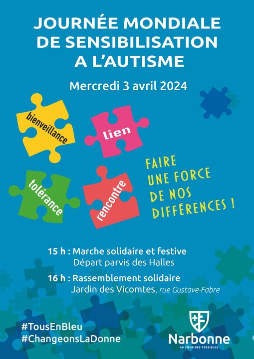 [SOLIDARITÉ] Le mercredi 3 avril 2024 aura lieu la Journée mondiale de sensibilisation à l’autisme. - Une marche collective : départ à 15h devant les Halles de Narbonne jusqu’au Jardin des Vicomtes, avec pour « dress code » la couleur bleu. Des ballons seront aussi distribués…