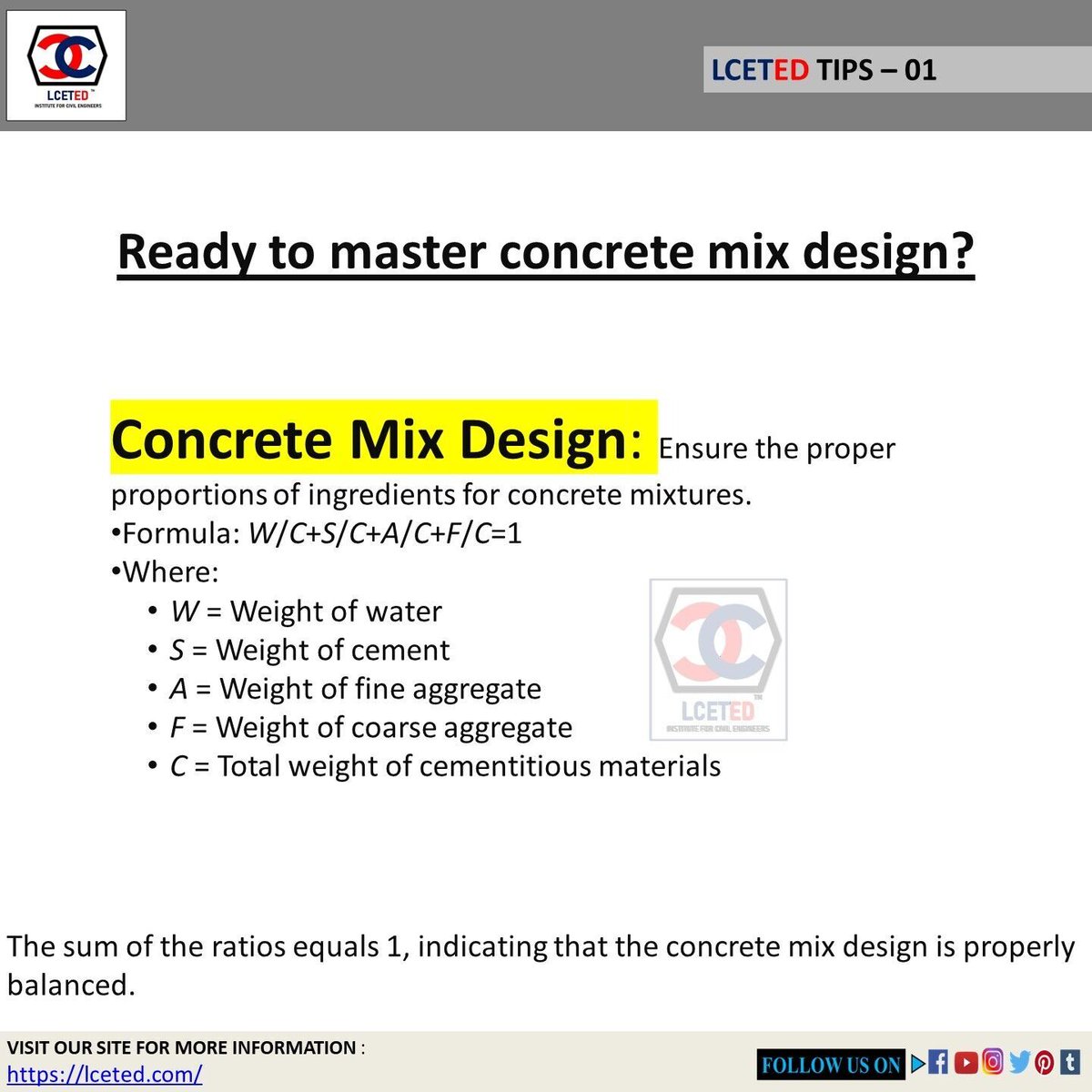lcetedteam's tweet image. 🏗️ Unlocking the secrets of concrete mix design! Understanding the balance between cement, water, aggregates, and admixtures is essential for creating strong and durable concrete structures. 🧱💧 Let&apos;s dive into the formula behind the perfect mix. #ConcreteMixDesign