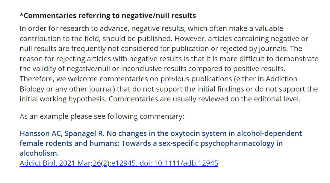 At the recent✨@S4SNeuro ✨meeting we talked about celebrating null findings & failed replications (saves everybody's time! - no need to waste in on the wrong questions) I just discovered Addiction Biology INVITES null finding publications 🤩🥳 onlinelibrary.wiley.com/journal/136916…