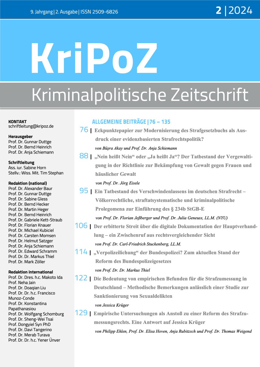 KriPoZ1's tweet image. +++ Die neue Ausgabe der KriPoZ ist da! +++
Mit Beiträgen u.a. zum Eckpunktepapier zur Modernisierung des StGB, zum Tatbestand des Verschwindenlassens § 234b StGB-E, zum DokHVG und weitere. Wir wünschen viel Spaß beim Lesen!
kripoz.de/Kategorie/ausg…