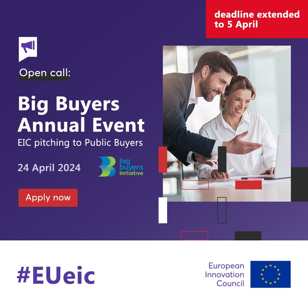 Last opportunity to pitch your digital solutions to Public Buyers across Europe for potential collaborations. 🚀 SPIN4EIC & Big Buyers are hosting a Pitching session at the Big Buyers Annual Event. Express your interest by 5 April 👉 bit.ly/3TV4TwJ