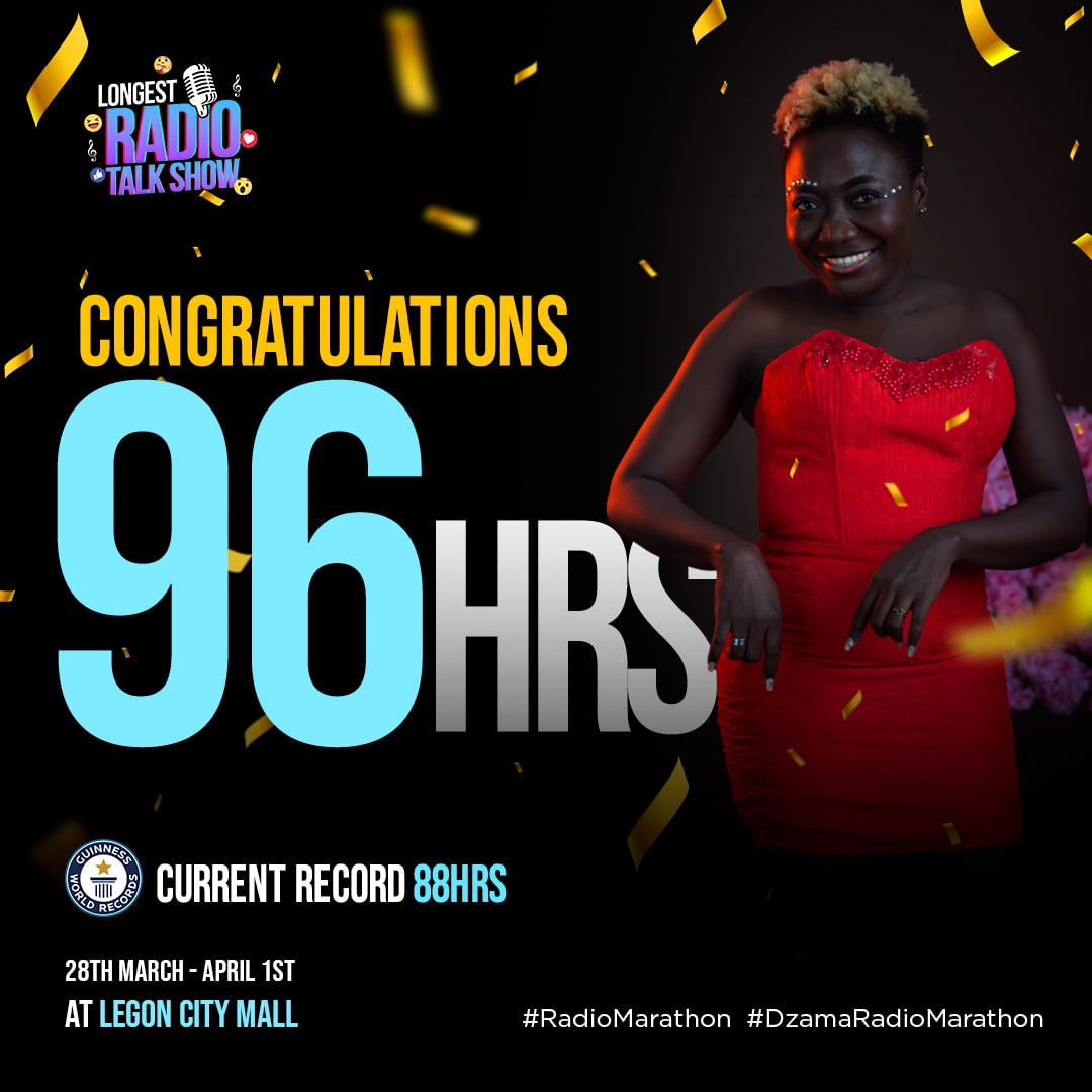 Breaking news! 🚨 @TheRealNaaDzama smashed the current record of 88 hours by going an incredible 96 hours straight at #DzamaRadioMarathon! 🎉 The evidence collection begins, and we're confident the Voice Goddess will be our new record holder. Let's go, Ajo! 💪 #RadioMarathon