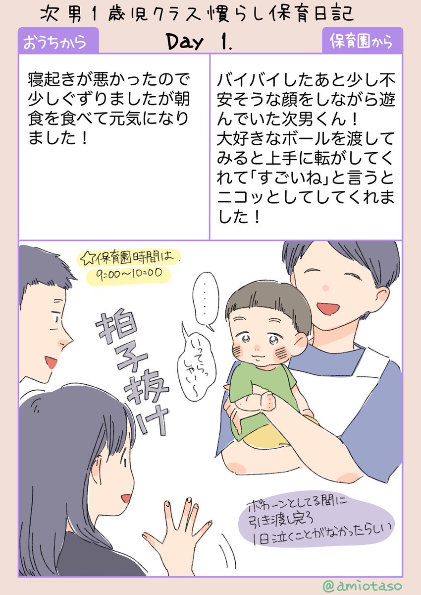 【次男慣らし保育日記1日目】
(バタバタして間に合わなかった次男のも描いていきます!懐かしい〜!)
まだおしゃべりも自分のことも何も出来なかった次男(当時1歳半)。初日は荒れることなく過ごして拍子抜けしたのを覚えています😁

#あみお日記 