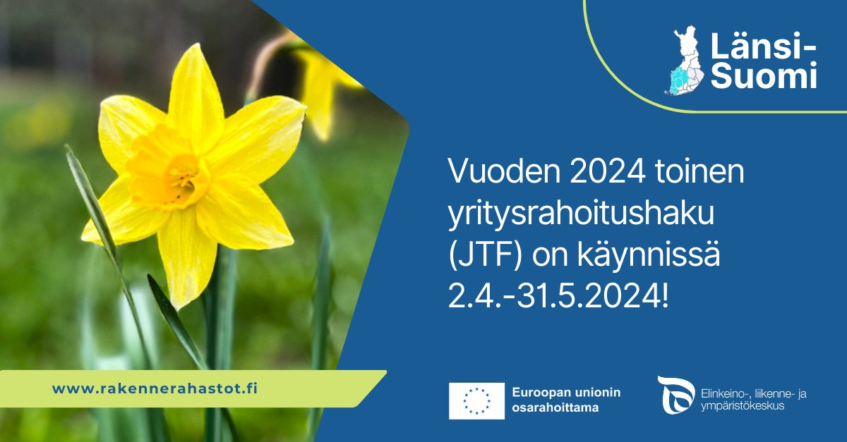 Oikeudenmukaisen siirtymän rahaston (JTF) yritysrahoitushaku on avoinna 2.4.-31.5.2024!🌿

Tässä hakujaksossa JTF-yritysrahoitusta on haettavana kolmessa maakunnassa: Keski-Suomi, Etelä-Pohjanmaa ja Satakunta.

Lue lisää: rakennerahastot.fi/-/vihrean-siir…

#JTF #EUntuella #rakennerahastot