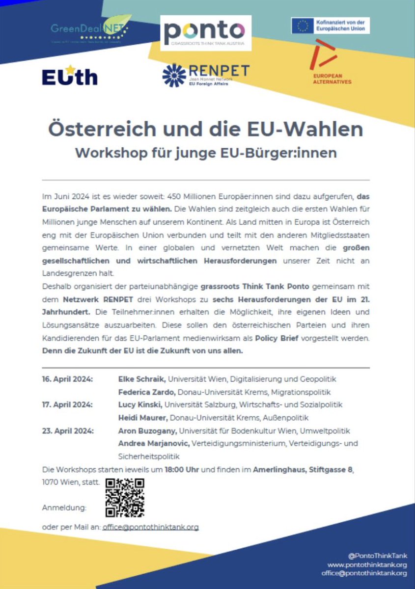 On 16, 17 & 23 April at 18:00 in Vienna, @PontoThinkTank and @renpet_eu organise various workshops on issues like #digitalisation, #migration, #defence & more. SCEUS' own @Lucy_Kinski will share her insights into economic and social policies. Register via docs.google.com/forms/d/e/1FAI…