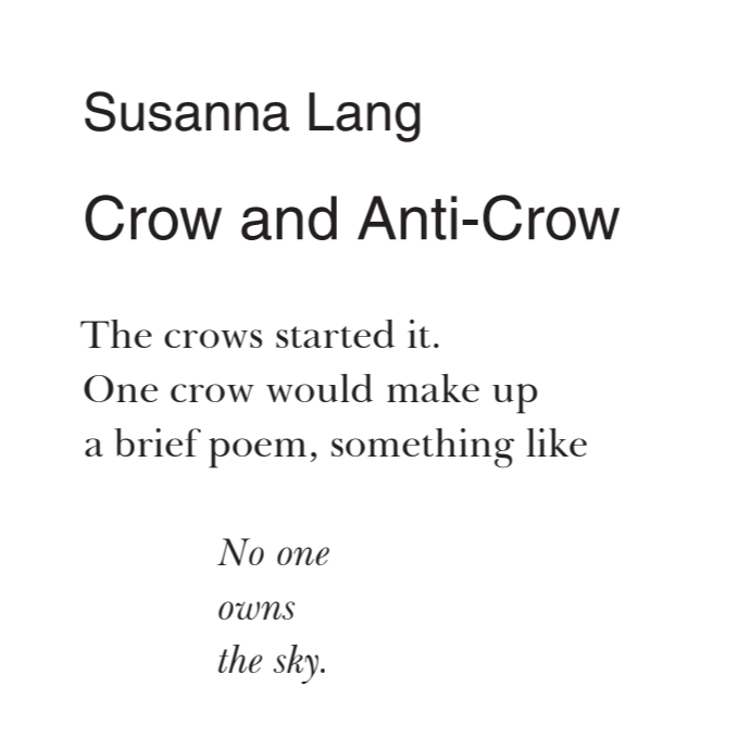 'The axe/ owns/ the branch/ where the crow sits.' --- 🌟 'Crow and Anti-Crow' by Susanna Lang @SusannaLang16 , Channel Issue 9 🌟 channelmag.org/current-issue/