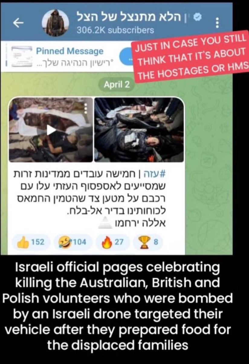 Israeli telegram channal with 300K followers desigened to laugh at dead palestians. They are now laughing at murdered foreing aid workers! Zionism is cancer!