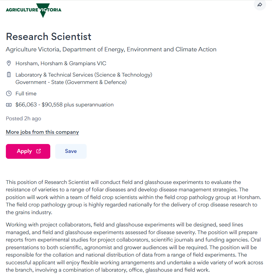 Looking for a new job and have field pathology experience? This is the position for you. Support the pathology program and help develop integrated disease management strategies to prevent diseases in farmers crops. 

seek.com.au/job/74855705