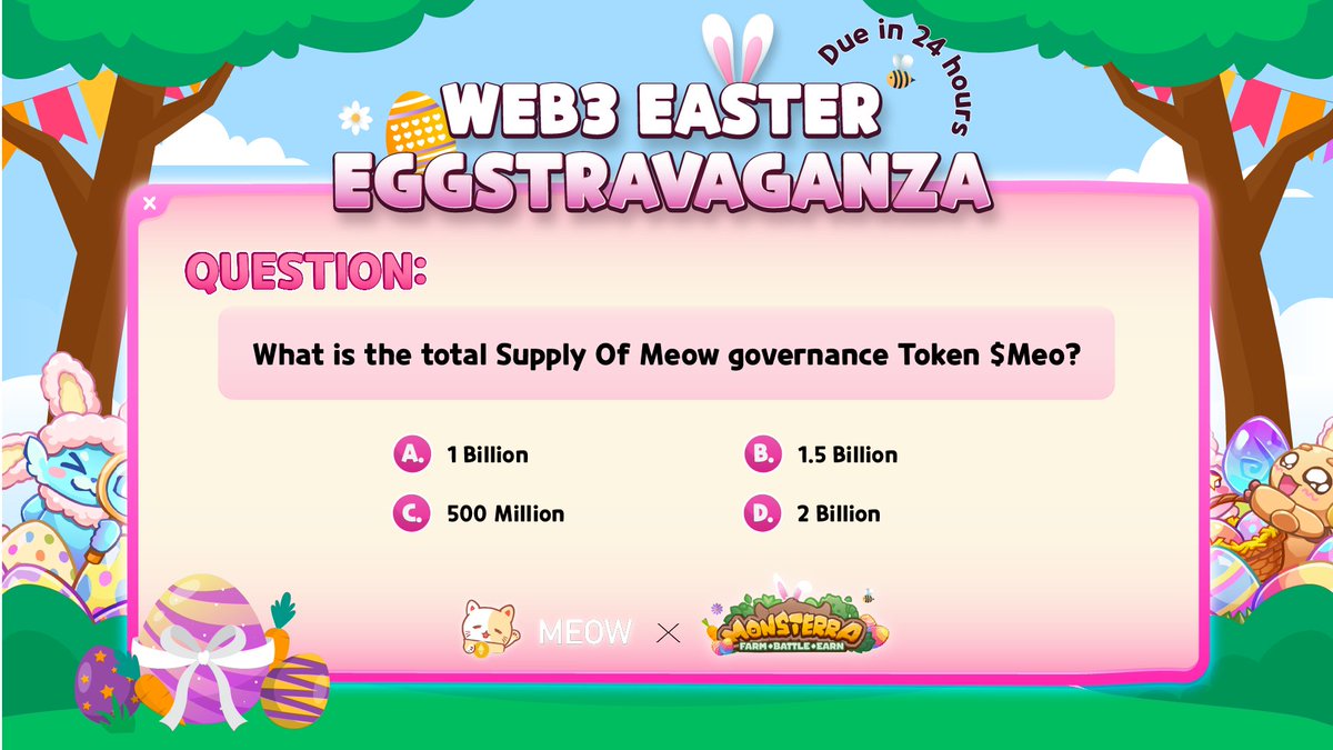 🐰Hang on tight & join us for the excitement of post-Easter Quizzes! The last run for our Easter series hunting 2024. Spend your time & embrace today's joy with our dear friend @0xMeowProtocol! 🐰🎉 Here to join: 🥚 Follow @Monsterra_P2E & @0xMeowProtocol 🥚 Like, RT & Comment…