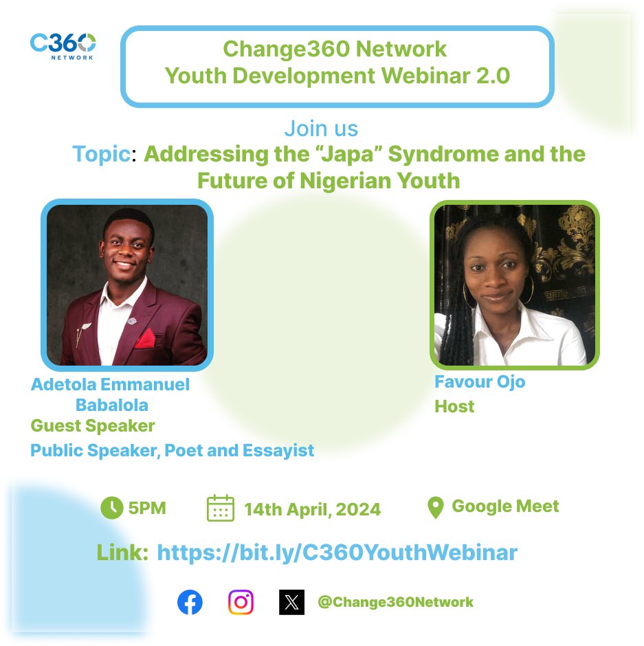 Make it a date to gain insightful knowledge on the Upcoming Youth Development Webinar.  Do you believe you can make it without leaving your home country? Come share your thoughts too.

bit.ly/C360YouthWebin…

#Change360Network