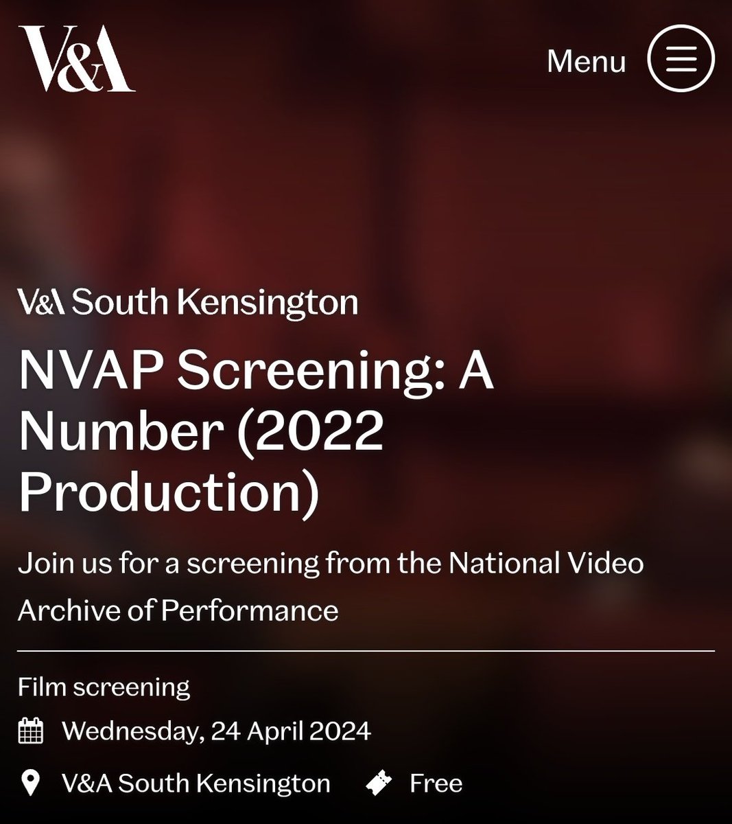 Wed 24 April: NVAP Screening: A Number (2022 Production). Join us for a screening from the National Video Archive of Performance. vam.ac.uk/event/bVaj4jZZ…