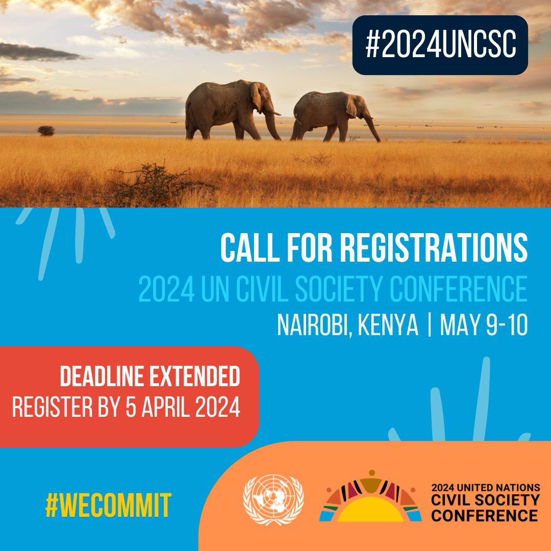 The deadline for registration for the 2024 UN Civil Society Conference scheduled for 9-10 May 2024 has been extended to 5th April 2024. Don't miss this opportunity to be part of the vision for a conference that is Inclusive, Impactful & Innovative #2024UNCSC @HelpAge @AgeingAcf