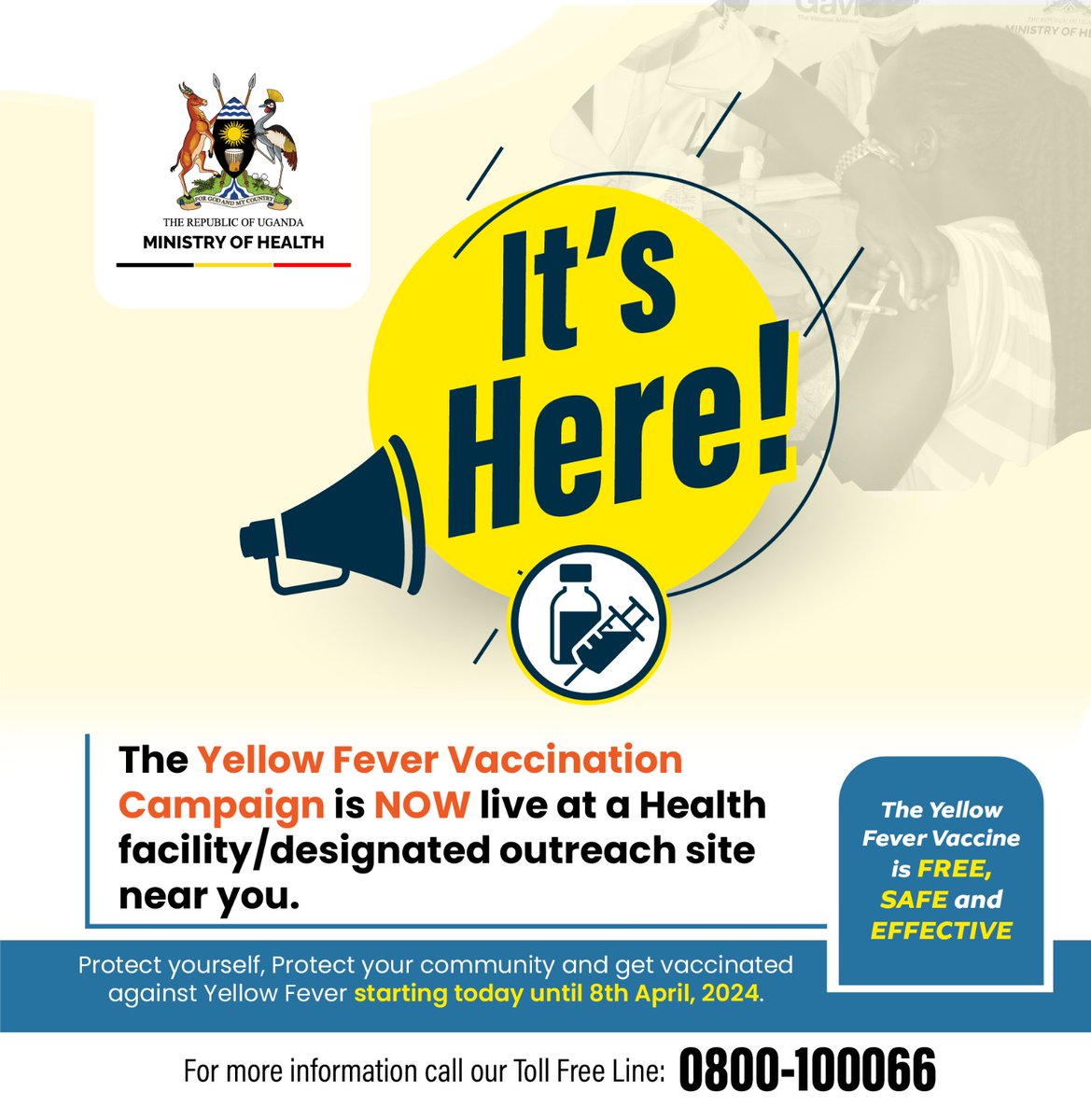 The Yellow Fever Vaccination Campaign starts today until 8th April 2024. The Campaign will run in 53 Districts across the country. The Yellow Fever vaccine is offered FREE of Charge at Government Health Facilities and designated outreach sites #YellowFeverFreeUG