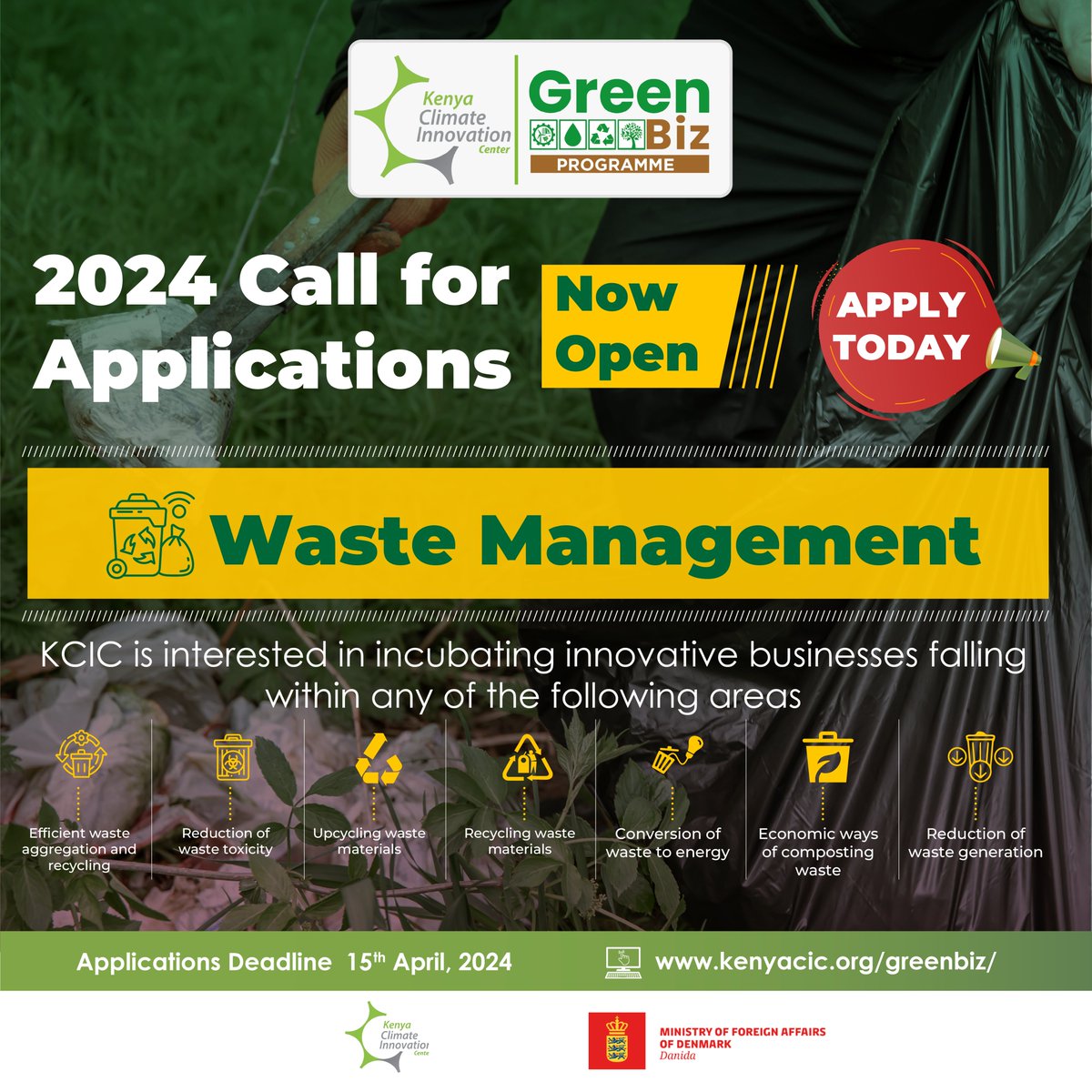 Apply now to join the KCIC #GreenBiz 2024 Cohort.

➡️ Applications deadline : April 15th, 2024

🔗 Applications link : kenyacic.org/greenbiz/
📌 Info session registration link: shorturl.at/jE168 @Denmarkinkenya 
#Startup #Climate #Callforapplications #SMEs