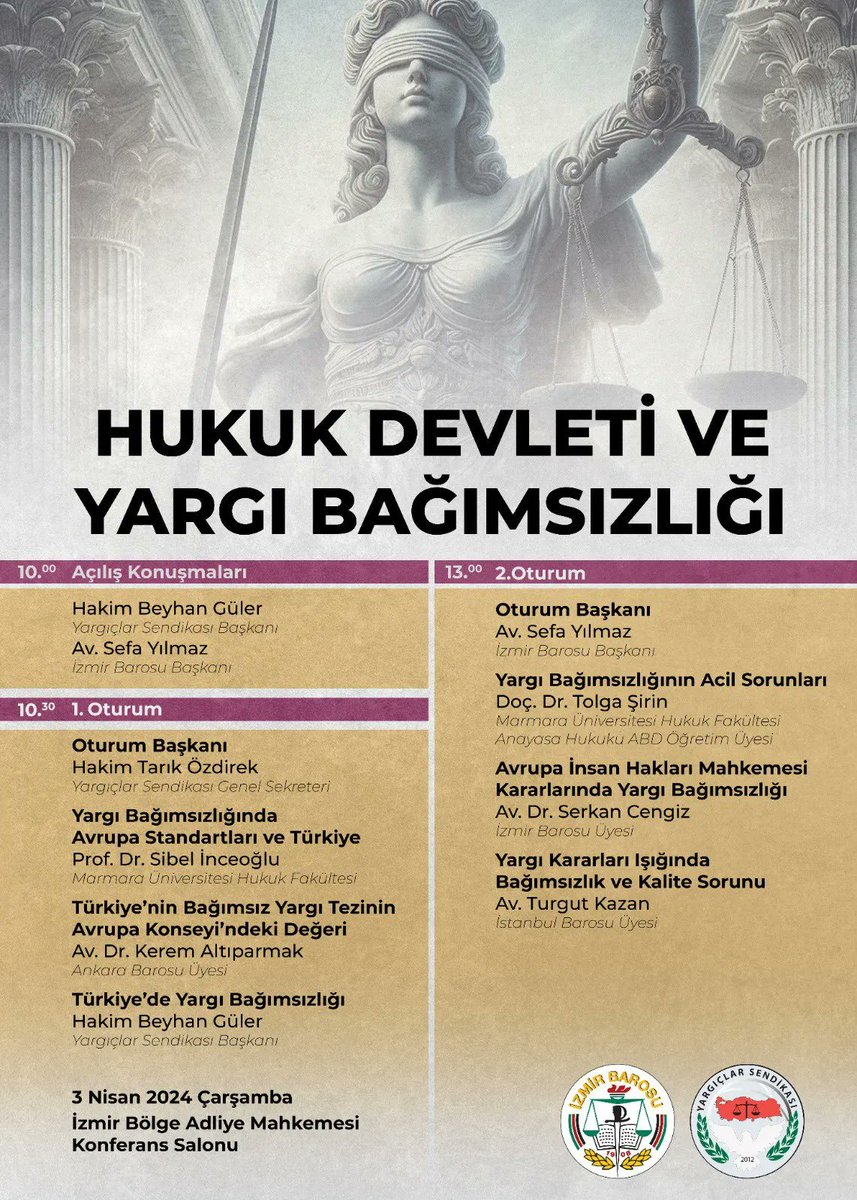 🗓️ 3 Nisan #çarşamba 🕞 10.00 ✅ Düzenleyen: @izmir_barosu, @yargiclar_sen 💬 Beyhan Güler, @avsefayilmaz, Tarık Özdirek, @ss_inceoglu, @KeremALTIPARMAK, @tolgashirin, Serkan Cengiz, @turgutkazan 📢 Yaklaşan hukuk etkinlikleri: turkiyehukuk.org/etkinlik/ 🔹Bizi takip edin:…
