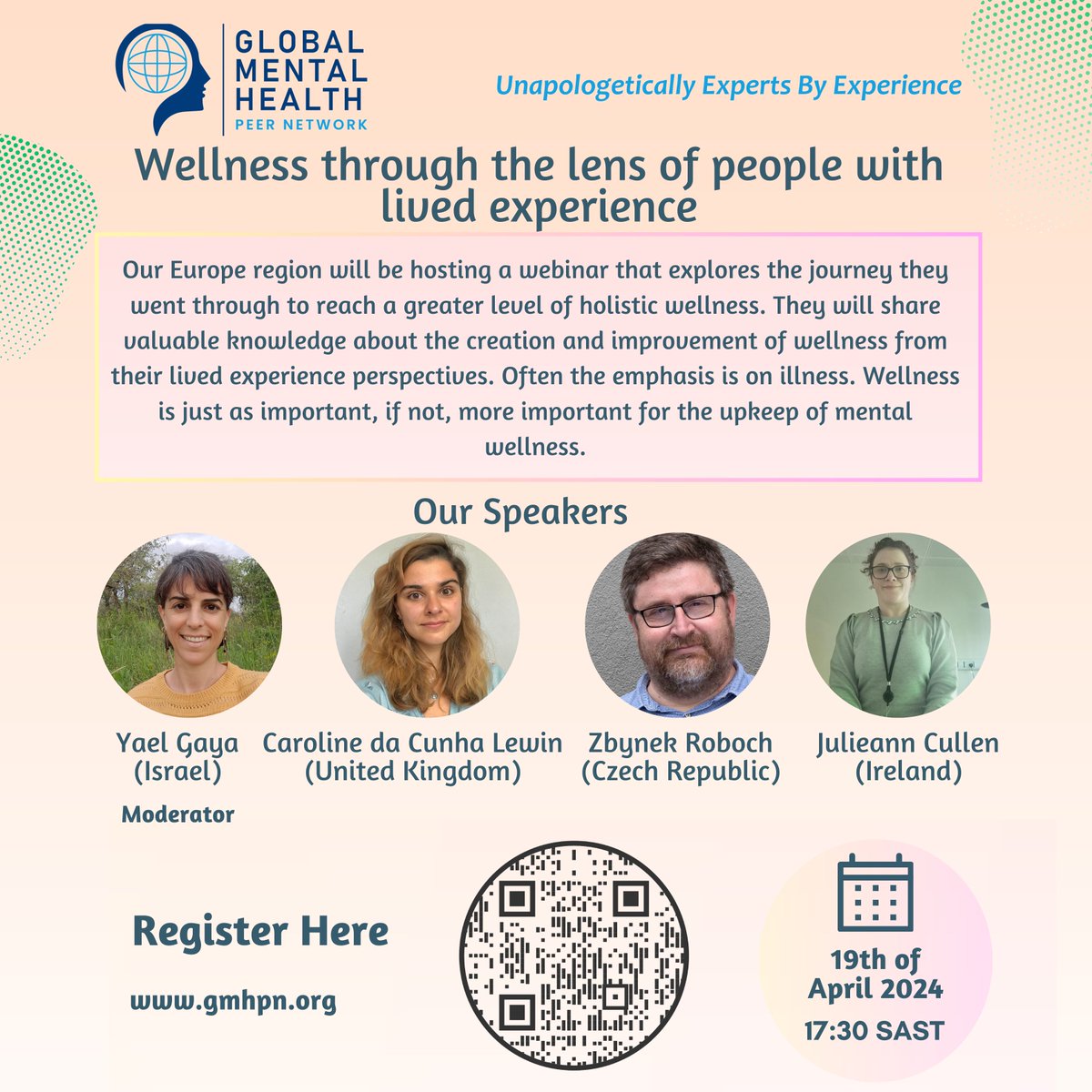 Our European region, chaired by Yael Gaya will be hosting a webinar on 19th April at 5:30 PM SAST on Wellness through the lens of people with lived experience Hear valuable insights from our members and share them with your networks. 🌍 Register here: us06web.zoom.us/meeting/regist…
