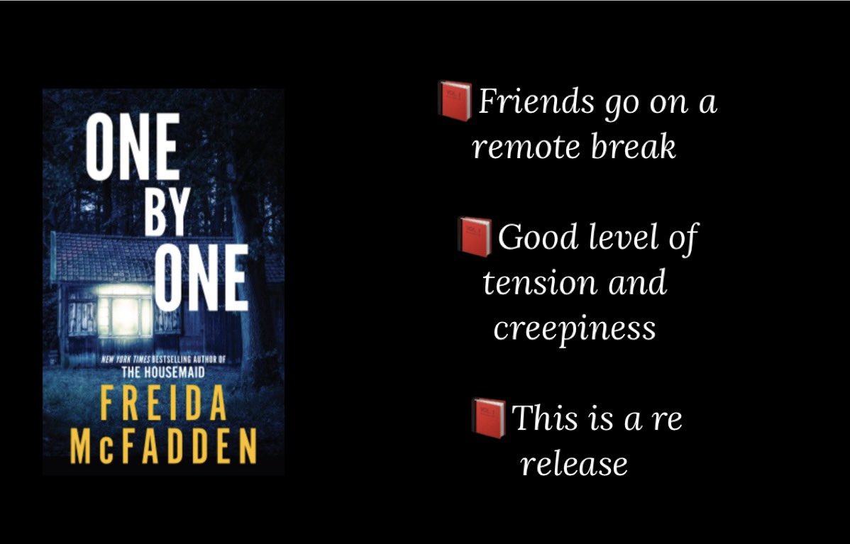 One by One Freida McFadden 4.25⭐️ This psychological thriller is re released and now more widely available. Utilises remote setting trope. It has good level of tension and creepiness.