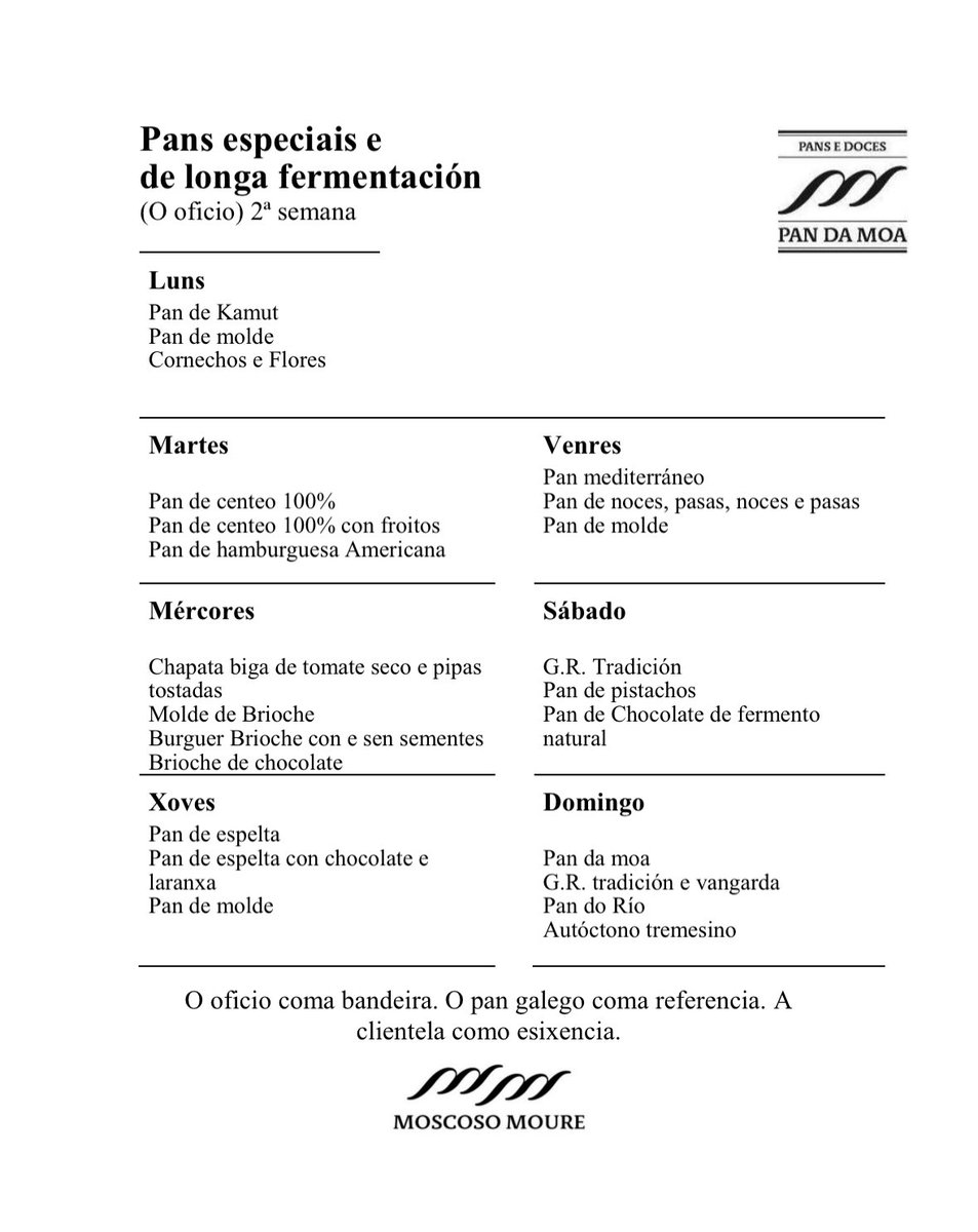 Calendario de pans especiais da semana 01-07/04/24