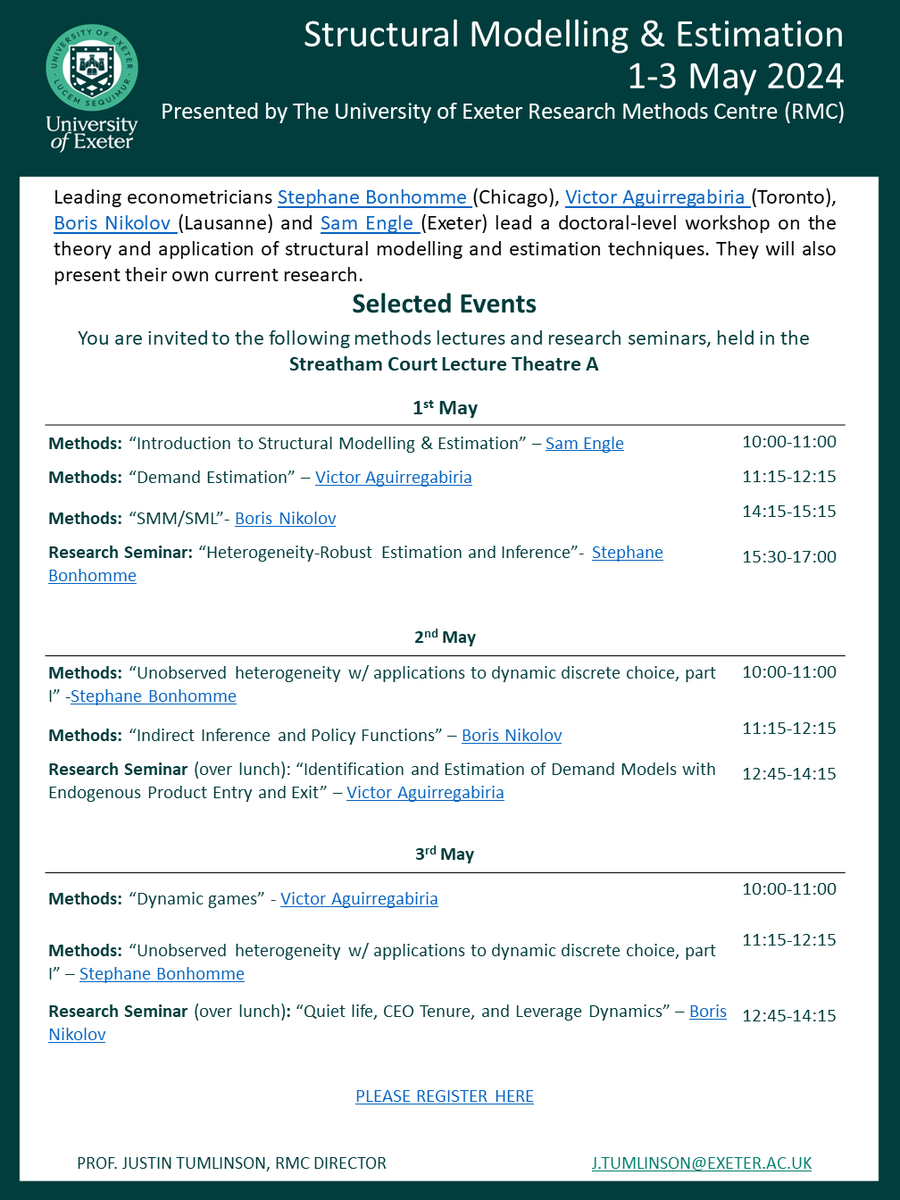 Justin Tumlinson (@justintumlinson) on Twitter photo The RMC <a href="/UofEBusiness/">University of Exeter Business School</a> is hosting a 3-day workshop led by Stephane Bonhomme (Chicago), Victor Aguirregabiria <a href="/vaguirregabiria/">Victor Aguirregabiria 🇺🇦</a> (Toronto), Boris Nikolov (Lausanne) and Sam Engle <a href="/SamuelPEngle/">Samuel P Engle</a> (Exeter) on Structural Modelling and Estimation. Email me for the registration link. The RMC <a href="/UofEBusiness/">University of Exeter Business School</a> is hosting a 3-day workshop led by Stephane Bonhomme (Chicago), Victor Aguirregabiria <a href="/vaguirregabiria/">Victor Aguirregabiria 🇺🇦</a> (Toronto), Boris Nikolov (Lausanne) and Sam Engle <a href="/SamuelPEngle/">Samuel P Engle</a> (Exeter) on Structural Modelling and Estimation. Email me for the registration link.