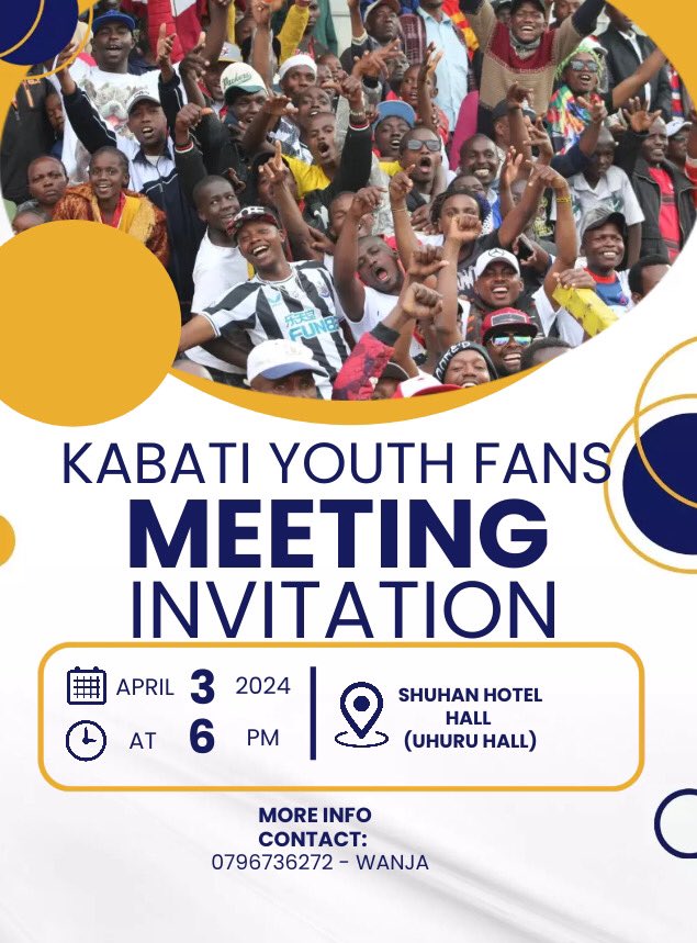 All Kabati Youth Fc Fans are cordially invited to an important meeting tomorrow 3rd April 2024. We will be gathering at the Shuhan Hotel (Uhuru Hall) tomorrow at 6pm. See you there.

#MunguMbele #pamojatunaweza #KYFC #FootballKE