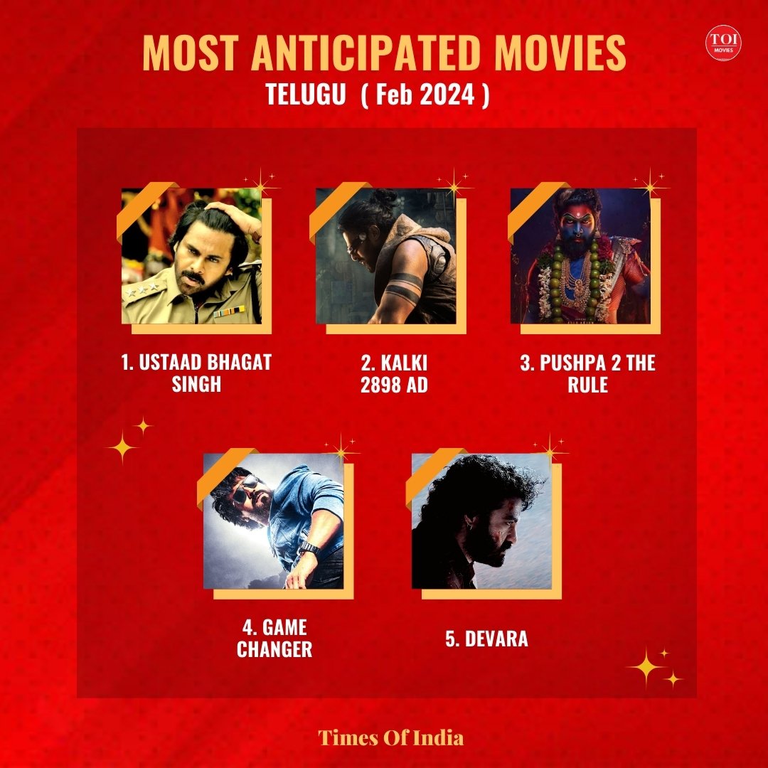 Most Anticipated upcoming movies (Feb Month) 

1) #UstaadBhagatSingh 
2) #Kalki2898AD
3) #Pushpa2TheRule 
4) #GameChanger 
5) #Devara 

#PawanKalyan #JrNTR #Prabhas #AlluArjun #RamCharan