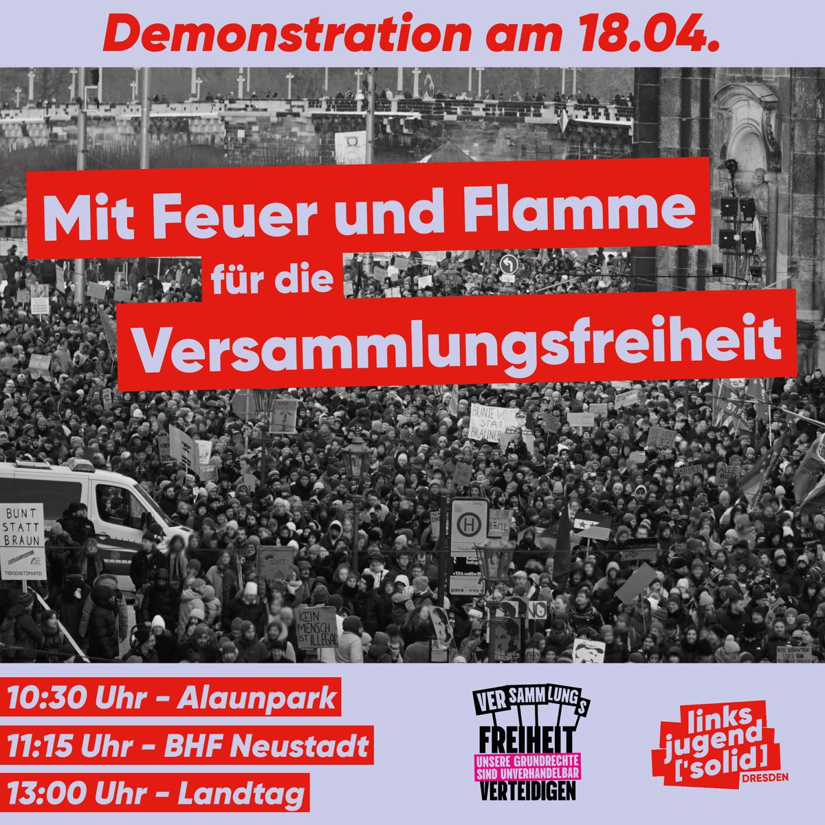 🚨Unsere Grundrechte sind gefährdet!
 
Im sächsischen #Landtag wird ein neues #Versammlungsgesetz vorgeschlagen, dass unser Grundrecht auf Versammlungsfreiheit erheblich einschränken würde. Geht mit uns auf die Straße! 🚩

#dd1804 #dresden