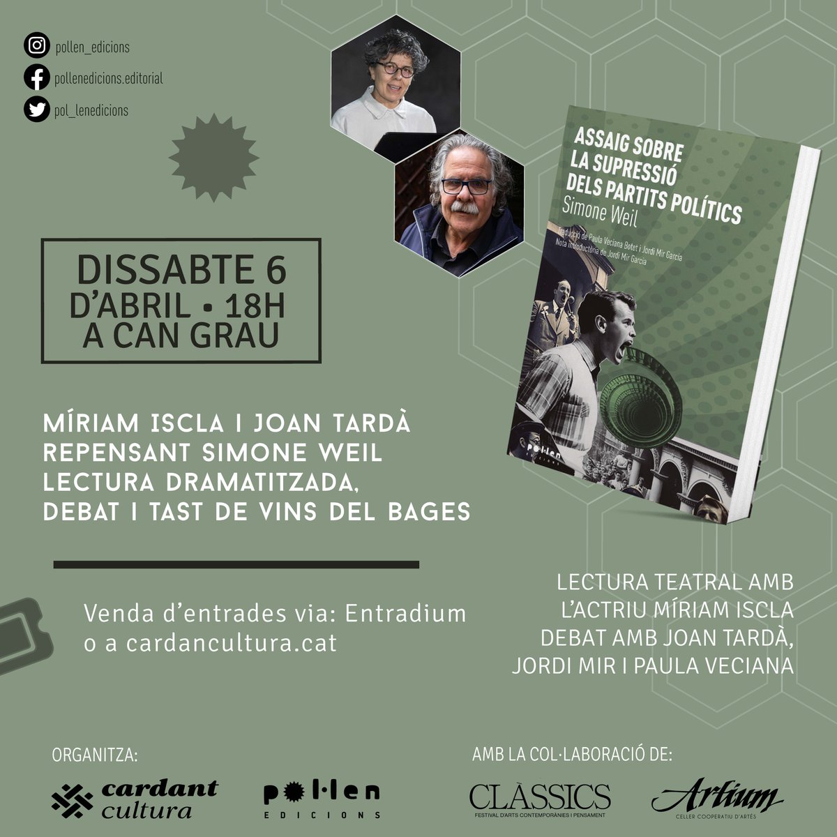 ACTIVITAT Això és aquest dissabte 6/04, us hi esperem! Debat + Lectura dramatitzada + tast de vins a @cardantcultura (Masies de Roda) Amb: @JoanTarda @llambordes @MiriamIsclaNews @CasaClassics @jordipanye @FragmentaEd Entrades aquí entradium.com/events/miriam-…