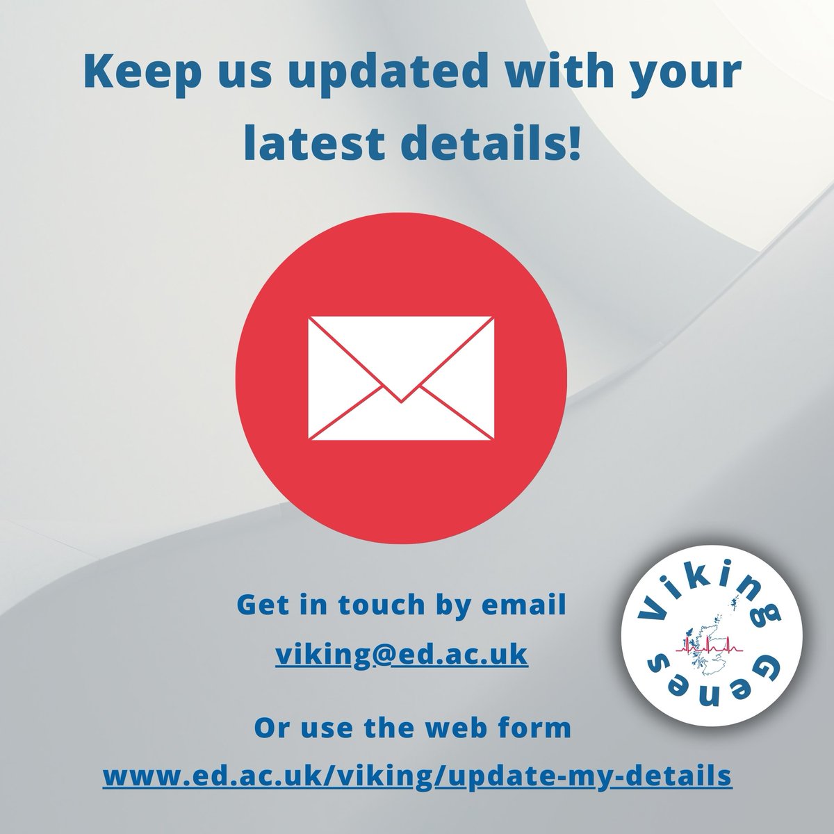 Last week we told you that we have received the genetic data for VIKING II (#Orkney and #Shetland) and VIKING III (#Hebrides). The next step is to make sure we have our volunteers' latest details, such as their postal address. This can be done here: 👇 viking.ed.ac.uk/update-my-deta…