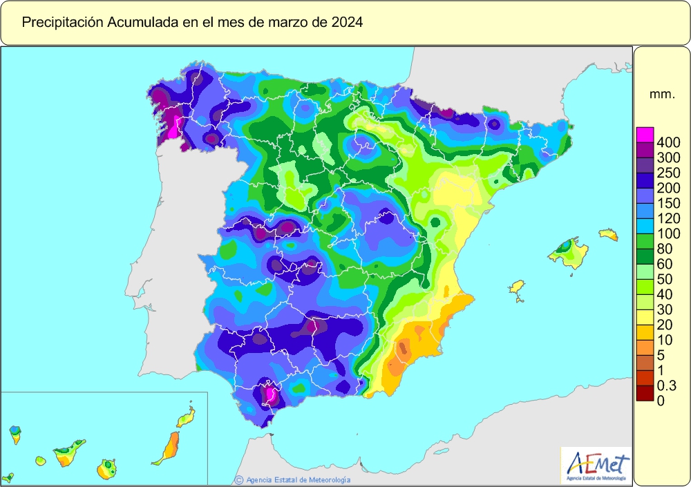 🧵Marzo de 2024 ha sido un mes muy lluvioso en la mayor parte de España. Con alrededor de 120 l/m² (datos provisionales), se sitúa entre los cuatro más lluviosos del siglo XXI. El suroeste, zona centro, Galicia y Pirineos fueron las zonas con mayores acumulados.