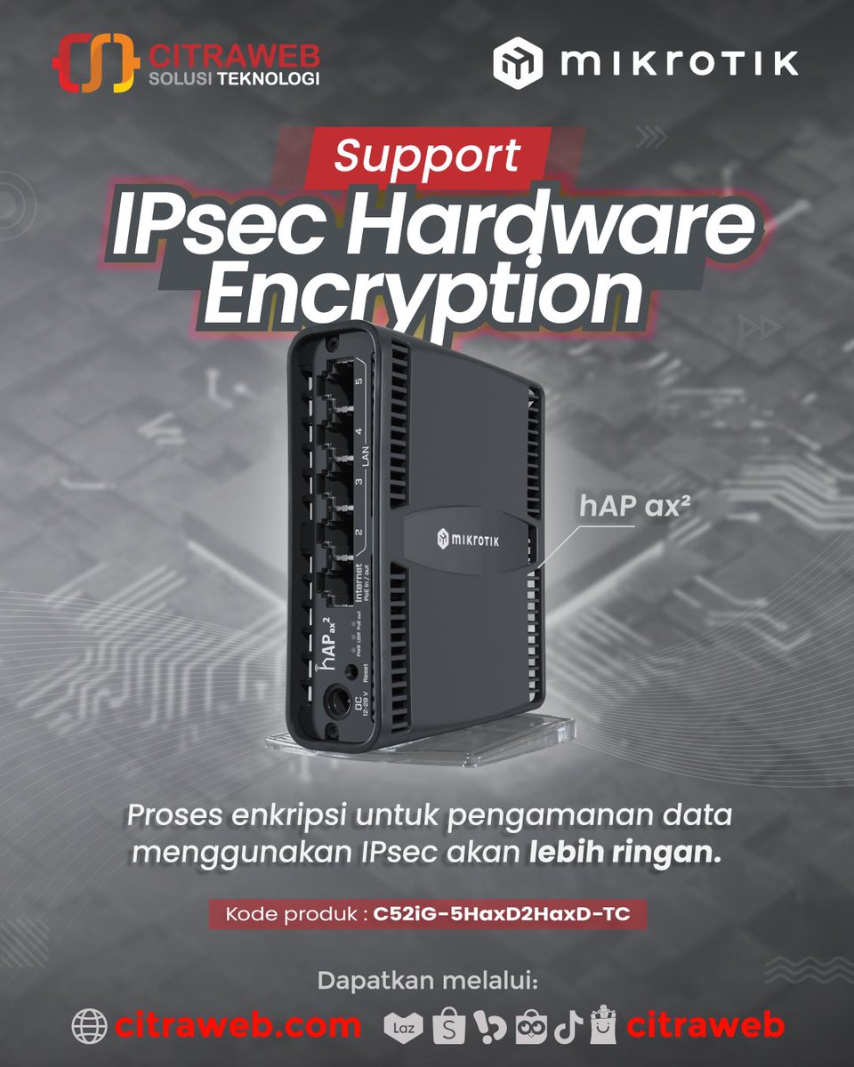 mikrotik_id's tweet image. MikroTik hAP ax² (C52iG-5HaxD2HaxD-TC) dapat melakukan proses enkripsi untuk pengamanan data menggunakan IPsec Hardware Encryption, sehingga transaksi data akan menjadi lebih ringan.

Dapatkan melalui:
🛒citraweb.com/produk/1104/

#hAPax2 #MikroTik #HomeRouter #hAP #Citraweb