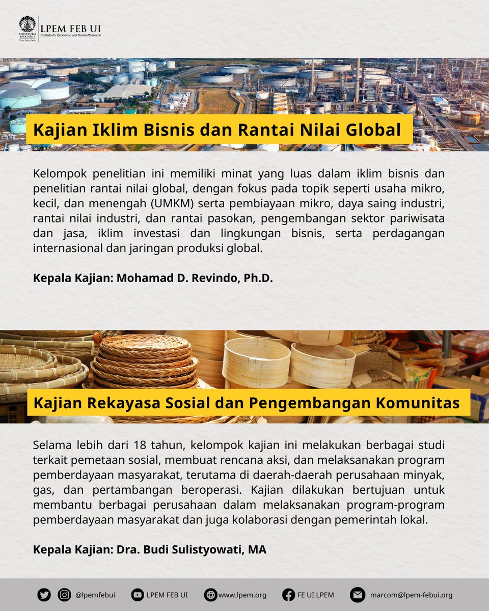LPEMFEBUI's tweet photo. Part 2. Ini dia 10 grup kajian LPEM 😊 #lpem #lpemfebui #universitasindonesia #diklatlpem #LembagaPenelitianIndonesia #EkonomiIndonesia #EducationalResearchCenter #FEBUI #penelitian #penelitiindonesia #researcher https://t.co/o6msF99uOZ