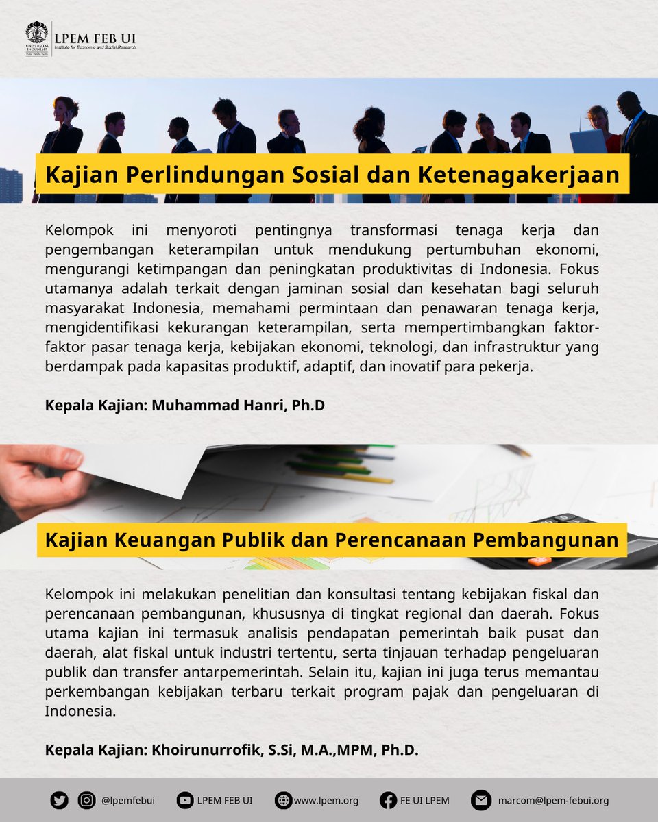 LPEMFEBUI's tweet photo. Part 2. Ini dia 10 grup kajian LPEM 😊 #lpem #lpemfebui #universitasindonesia #diklatlpem #LembagaPenelitianIndonesia #EkonomiIndonesia #EducationalResearchCenter #FEBUI #penelitian #penelitiindonesia #researcher https://t.co/o6msF99uOZ