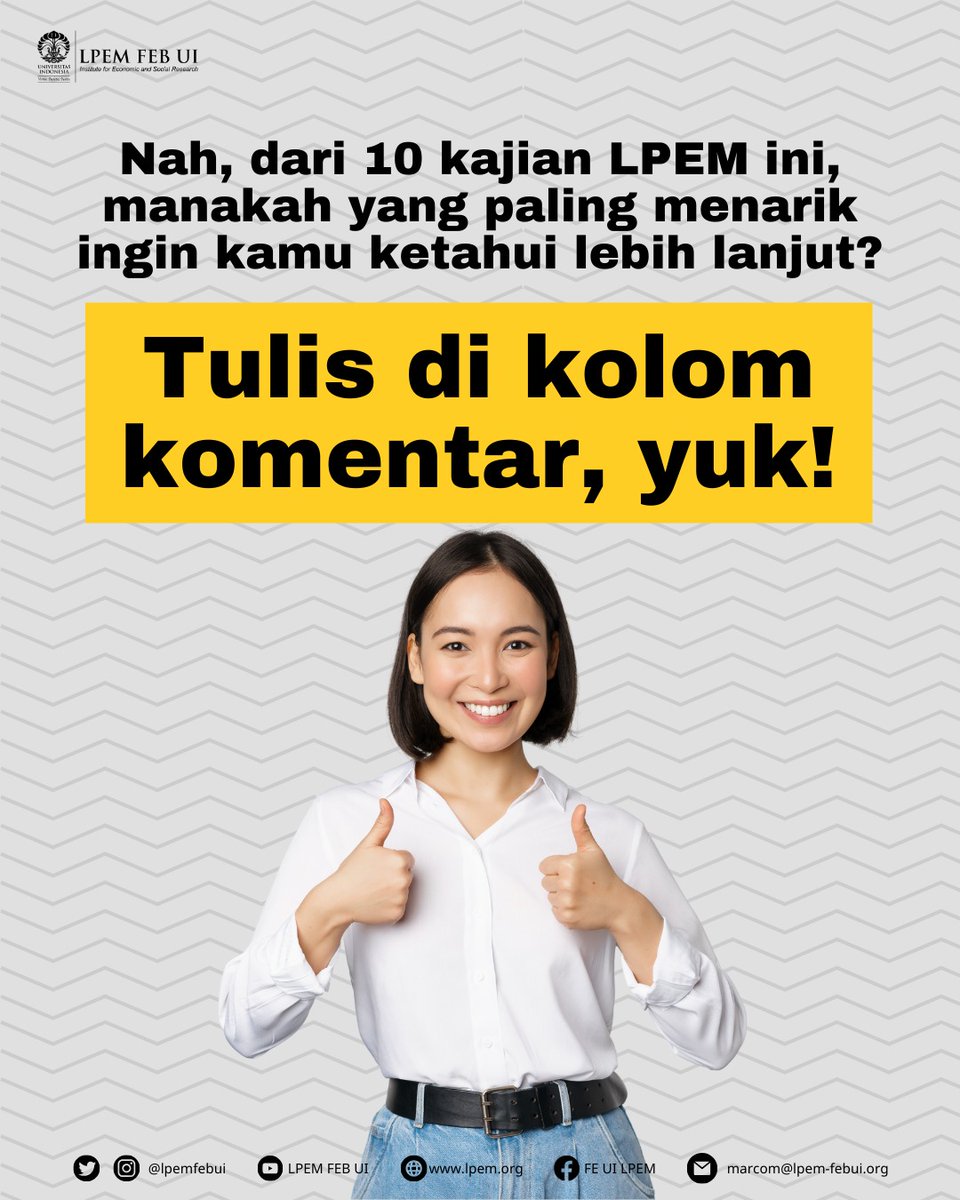 LPEMFEBUI's tweet photo. Part 2. Ini dia 10 grup kajian LPEM 😊 #lpem #lpemfebui #universitasindonesia #diklatlpem #LembagaPenelitianIndonesia #EkonomiIndonesia #EducationalResearchCenter #FEBUI #penelitian #penelitiindonesia #researcher https://t.co/o6msF99uOZ