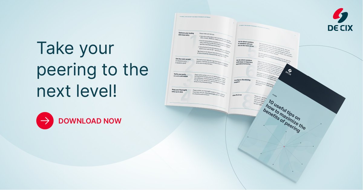 Step up your #peering game! 💪 Our expert, Bernd Spiess, developed a guide that reveals 10 useful tips to help you maximize the benefits of peering for your business. Download it now and take your peering to the next level! ✅ bit.ly/3PM8GcS