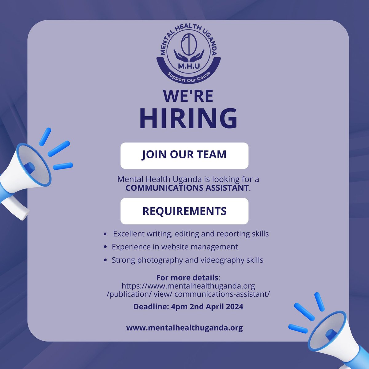 #MotivationMonday Reminder that the deadline for the communications assistant is today Tuesday 2nd April 2024 at 4pm EAT. Incase youre interested here's your chance to apply. #Deadline