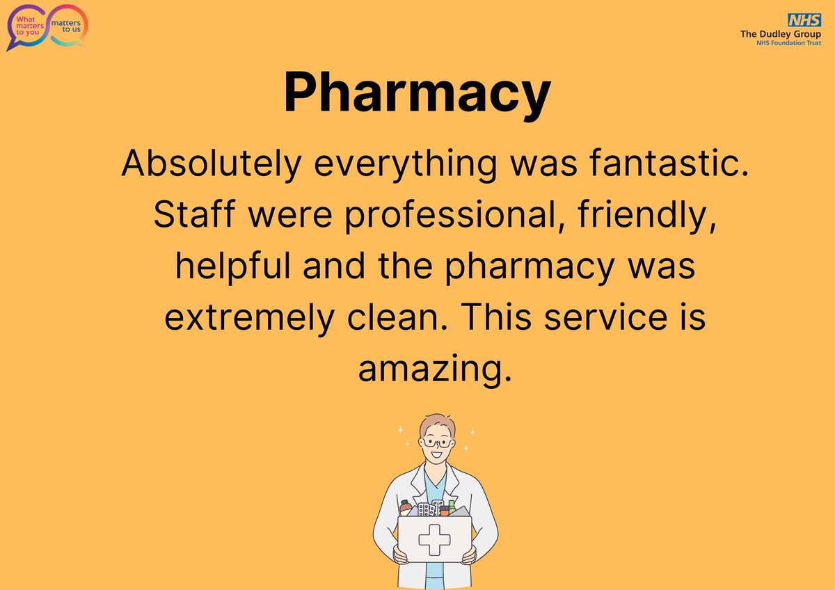 Great feedback for our Pharmacy department. Well done for providing a professional and friendly service. @jillfaulkner65 @DudleyGroupCEO @MataMorris_SK @DudleyGroupNHS