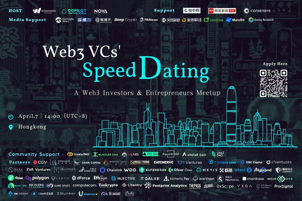2024 Web3 VC HK Speed Dating 
Web3 投资人和项目方的快速见面会。香港嘉年华会议期间Web3 领域的创业者和投资者直接高效的交流机会。欢迎更多投资机构合作，欢迎正在融资的项目报名
时间：2024年4月7日下午2:00
席位有限谢绝空降
报名链接：lu.ma/bp1hwnt9