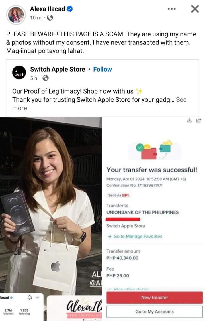 📢 PLEASE BEWARE ‼️THIS PAGE IS A SCAM. They are using my name & photos without my consent. I have never transacted with them. Mag-iingat po tayong lahat. - Alexa Ilacad @alexailacad

SWITCH APPLE STORE PAGE
Switch Apple Store 
#AlexaIlacad  #bewareofscammers #scam