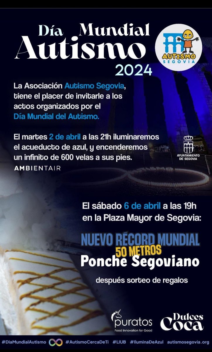 Hoy, día 2 de abril, es el día mundial del Autismo. No pongamos barreras. Yo digo sí a la diversidad y la inclusión.
A por el ponche segoviano de Récord!!!!
Yo no me lo pierdo. Pongamos de azul el acueducto y todos los edificios emblemáticos 💪💪💪💪❤️