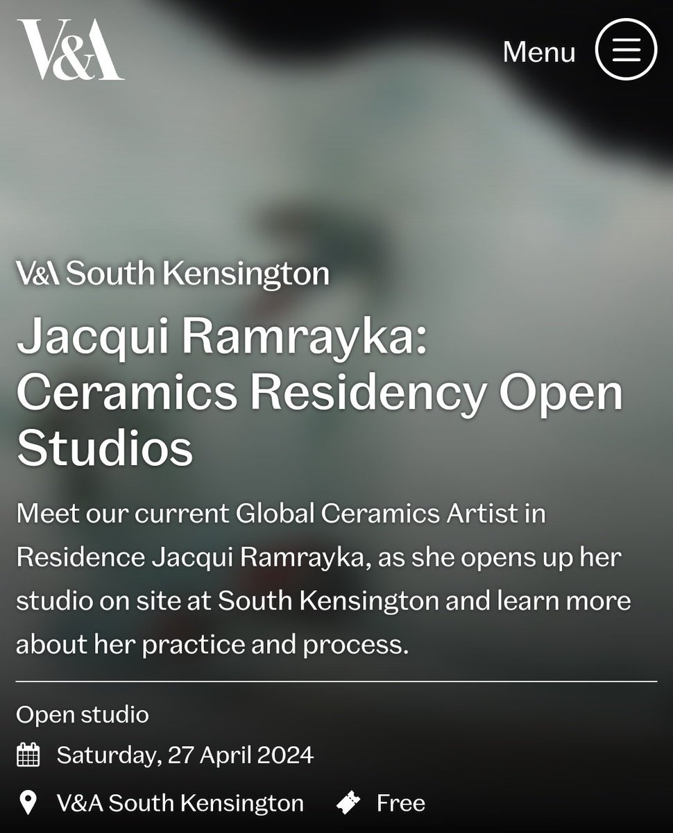 Sat 27 April: Jacqui Ramrayka: Ceramics Residency Open Studios. Meet our current Global Ceramics Artist in Residence Jacqui Ramrayka, as she opens up her studio on site at South Kensington and learn more about her practice and process. vam.ac.uk/event/RgBmn864…