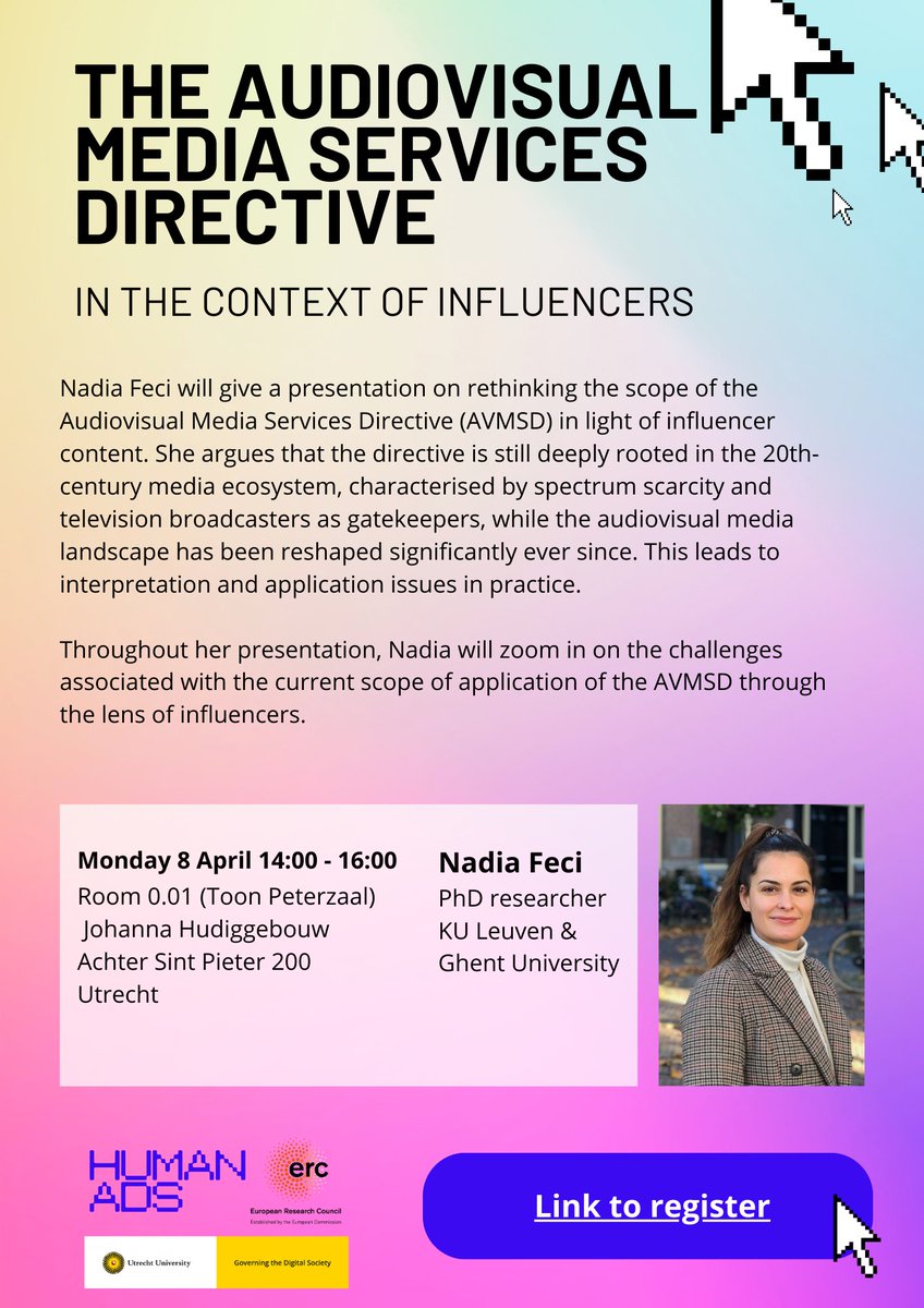 Join us for @NadiaFeci Seminar on ‘The Audiovisual Media Services Directive in the Context of Influencers’ on Monday 8 April 14:00 - 16:00 in Utrecht
