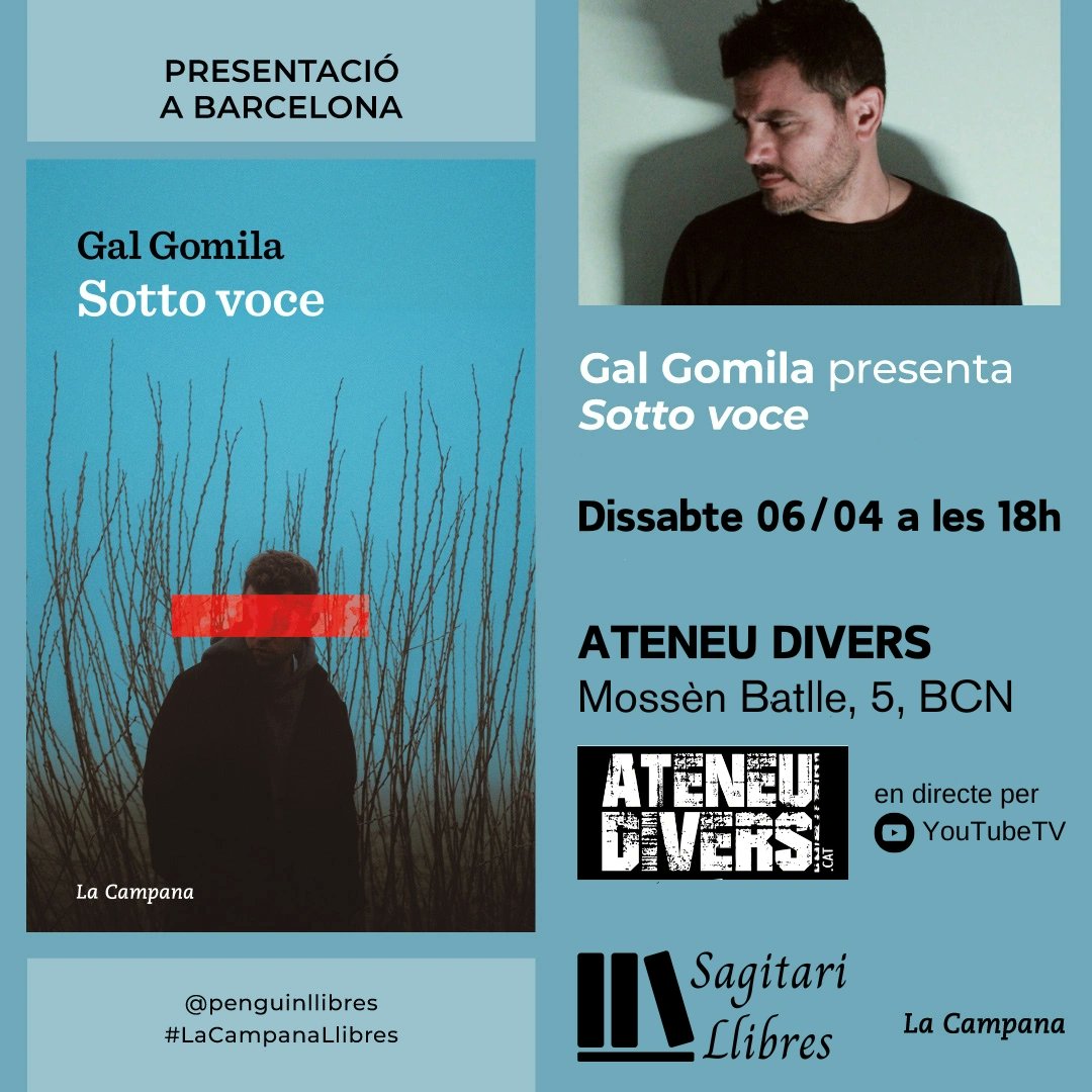 DISSABTE 6:

📖 SOTTO VOCE
👤 Gal Gomila
📍Ateneu Divers #Gràcia 
🕖 18 h