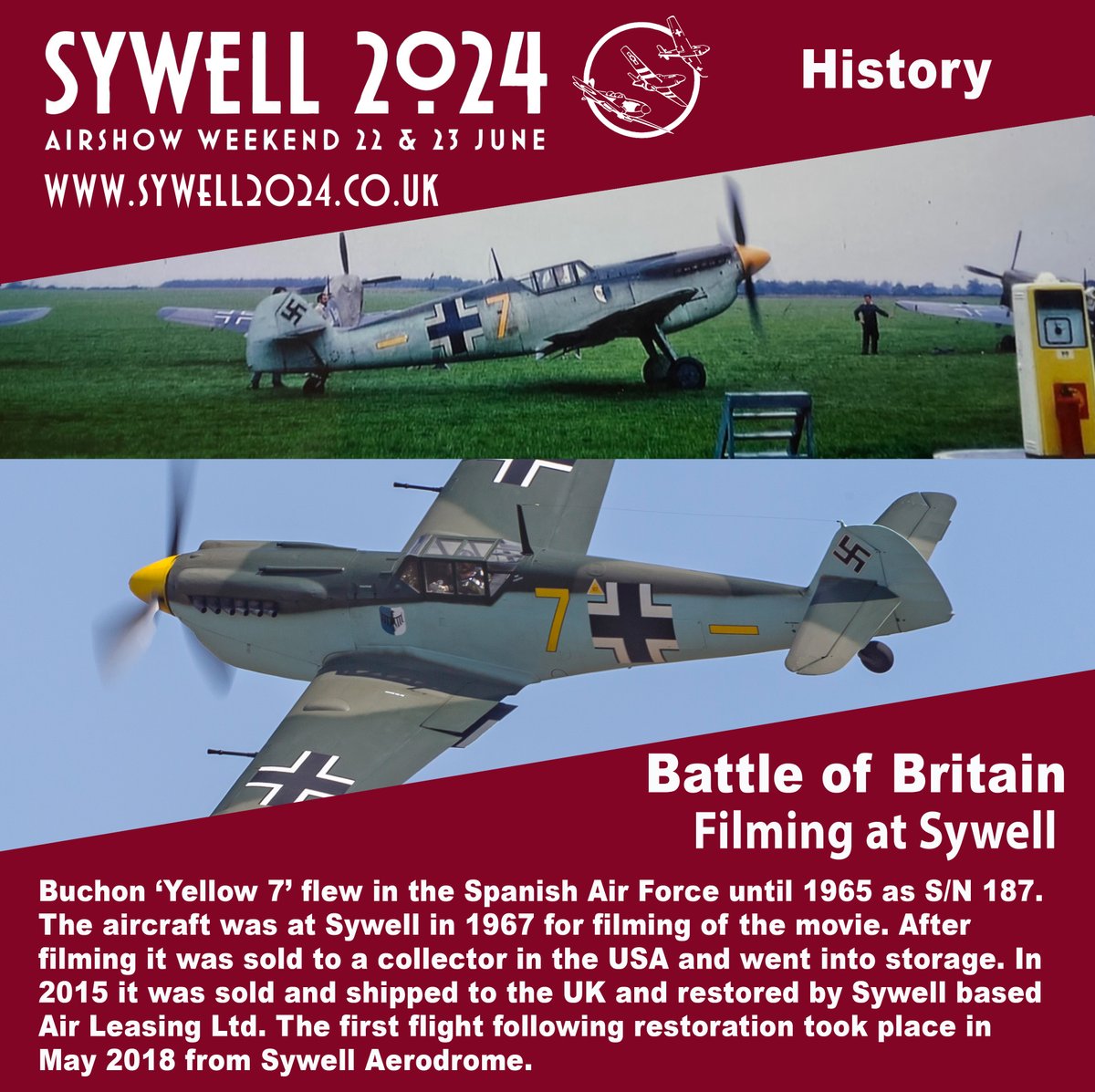 During 1968 part of the Battle of Britain movie was filmed at @SywellAerodrome. A number of the 'film stars' have since returned to the air thanks to Air Leasing Ltd. We will have 2 of Buchon fighters at #sywell2024. Get your tickets at sywell2024.co.uk @UltimateWarbird