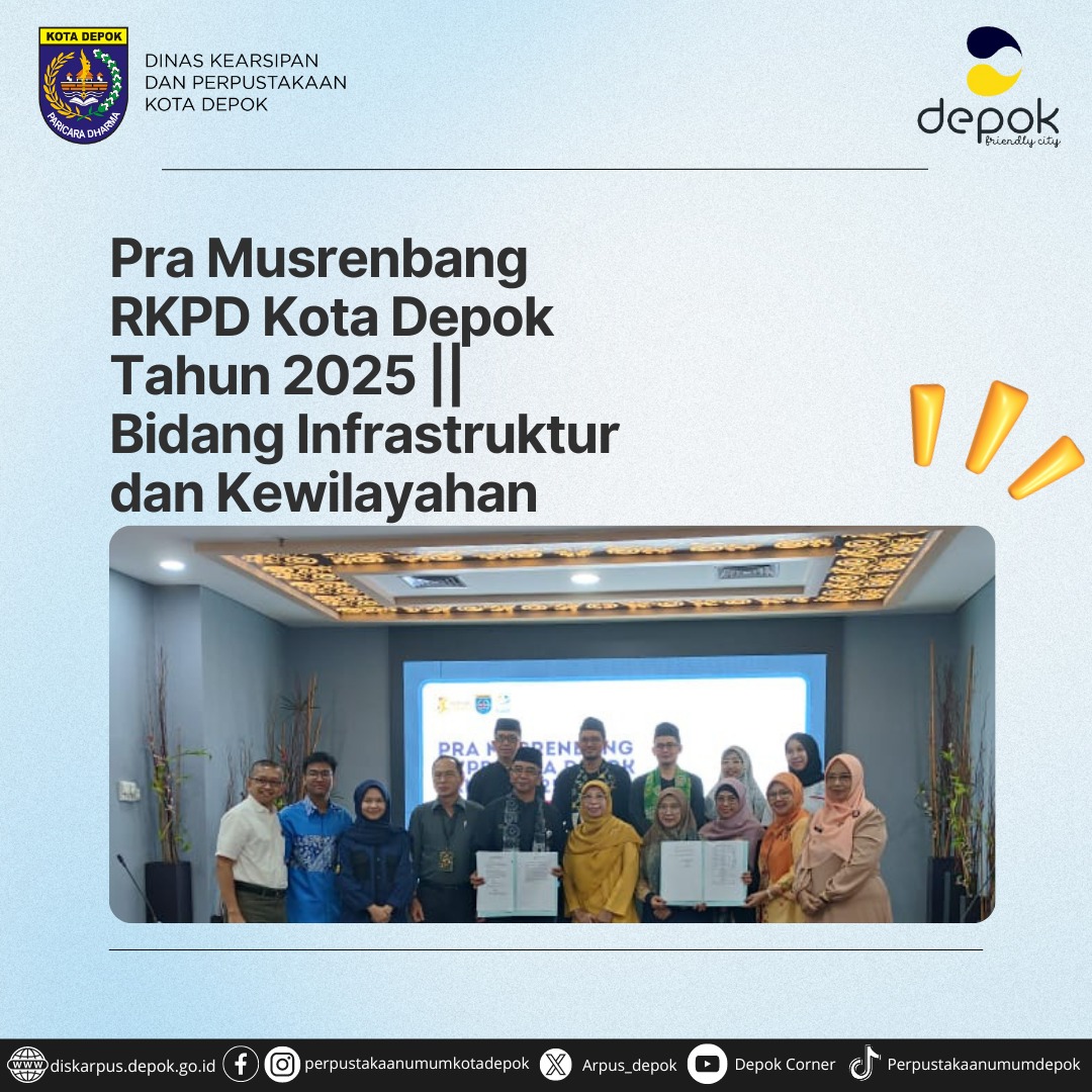 Pada Kamis, 28 Maret 2024 Kepala Dinas Kearsipan dan Perpustakaan Kota Depok, Utang Wardaya, AP, M.Si, menghadiri Kegiatan Pra Musrenbang RKPD Kota Depok Tahun 2025 Bidang Infrastruktur dan kewilayahan yang juga dihadiri oleh kepala PD dan Stakeholder lainnya.