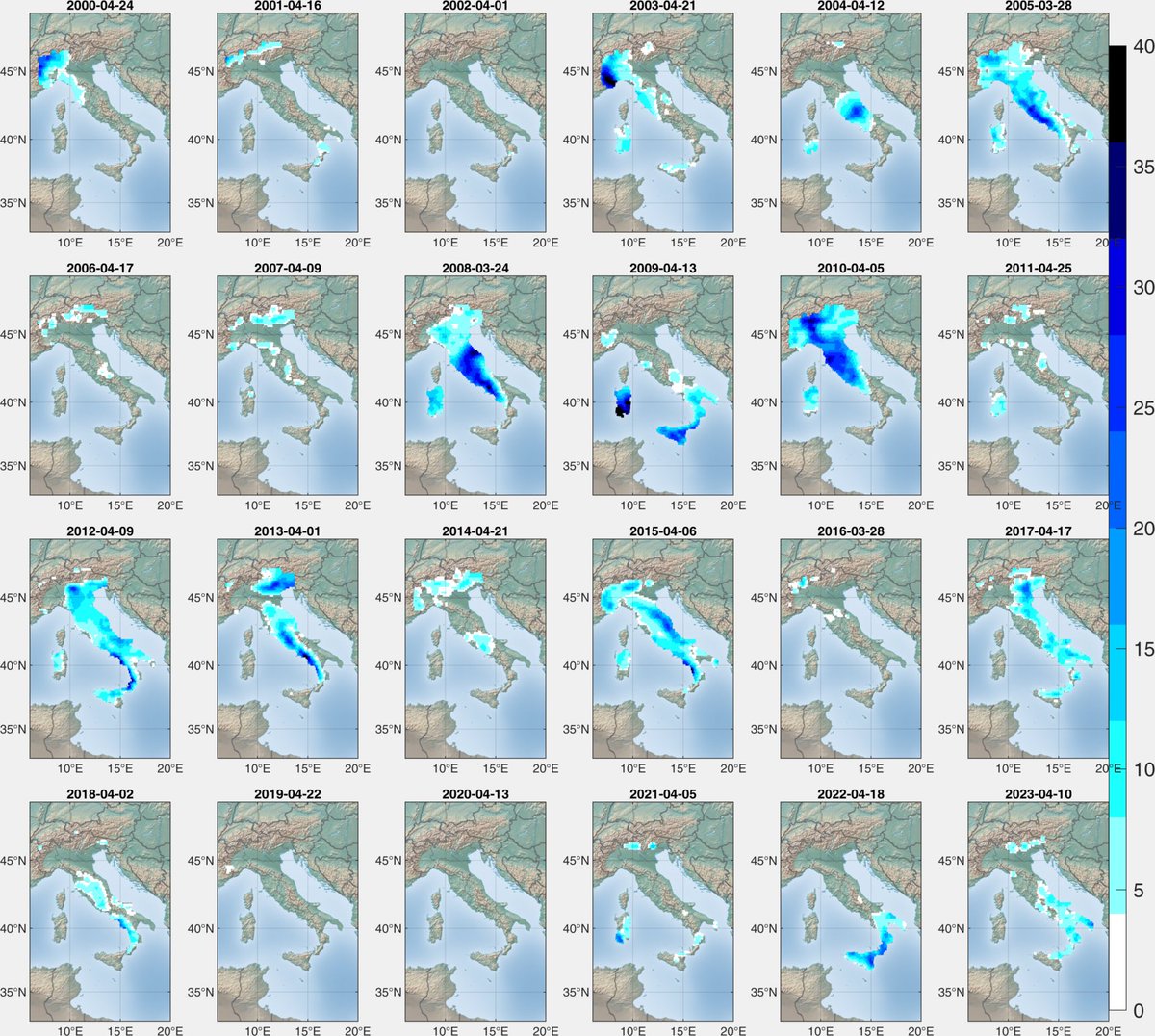 Ma è vero che piove sempre a Pasquetta in Italia? Ecco cosa è successo dal 2000 al 2023...beh non direi :) @Giulio_Firenze @PlatformAdam Dati ERA5 Land @ECMWF