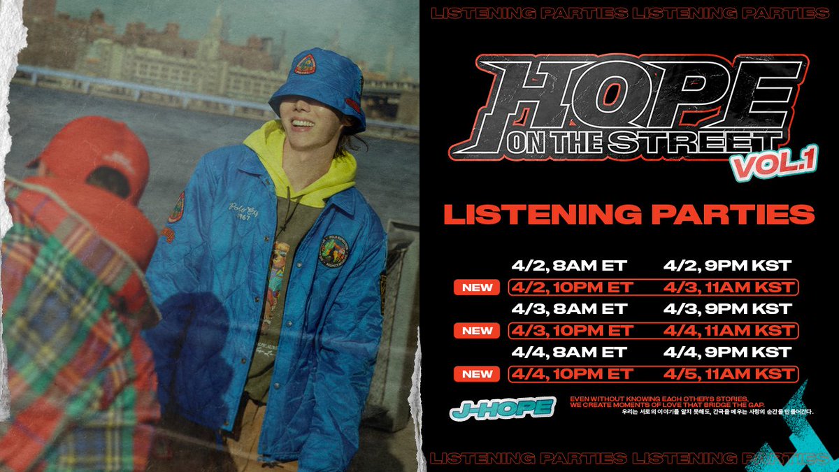 Check out the additional j-hope 'HOPE ON THE STREET VOL.1' Listening Parties this week on @STATIONHEAD! 📅 Schedule April 2, 8am (ET) | April 2, 9pm (KST) April 2, 10pm (ET) | April 3, 11am (KST) April 3, 8am (ET) | April 3, 9pm (KST) April 3, 10pm (ET) | April 4, 11am (KST)…