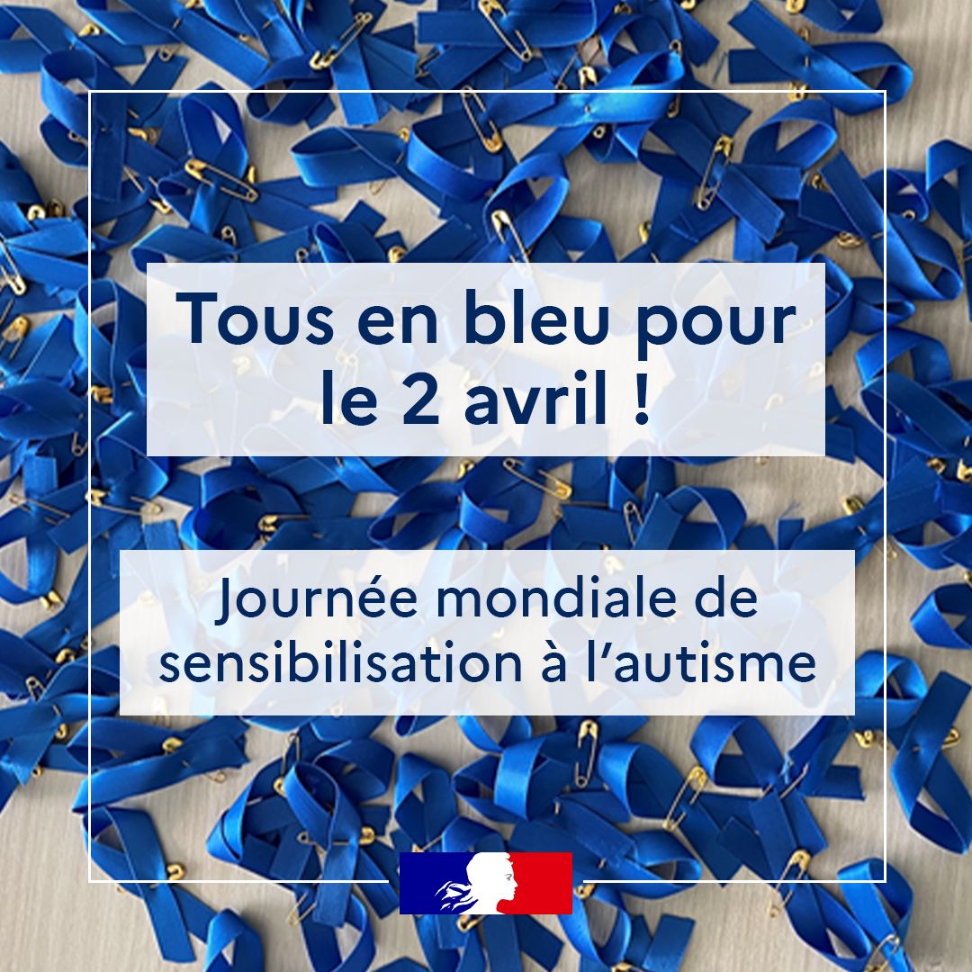 #TousEnBleu 💙l Aujourd'hui, c'est la journée mondiale de sensibilisation à l'#autisme. Tous les français sont invités à afficher un signe de couleur bleu pour marquer leur soutien aux personnes autistes ainsi qu’à leur famille !
👉 En savoir plus sur handicap.gouv.fr/journee-mondia…