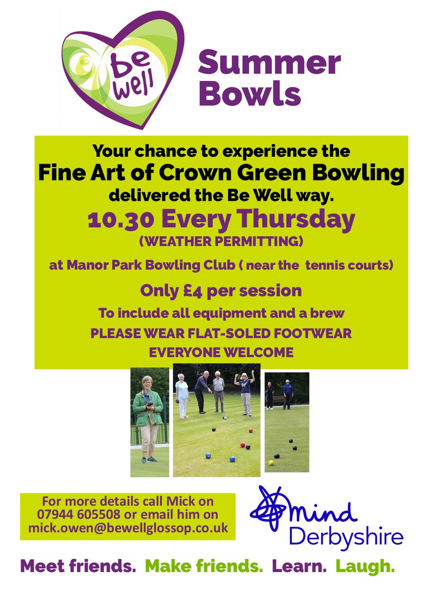The weather may not agree but WE think we'll be starting our Crown Green Bowling session supported by <a href="/DerbyshireMind/">Derbyshire Mind</a> this Thursday. 
CGB is a great way to boost your #wellbeing as its outdoors, in nature, with supportive, friendly people, provides gentle exercise &amp; you learn.⤵️